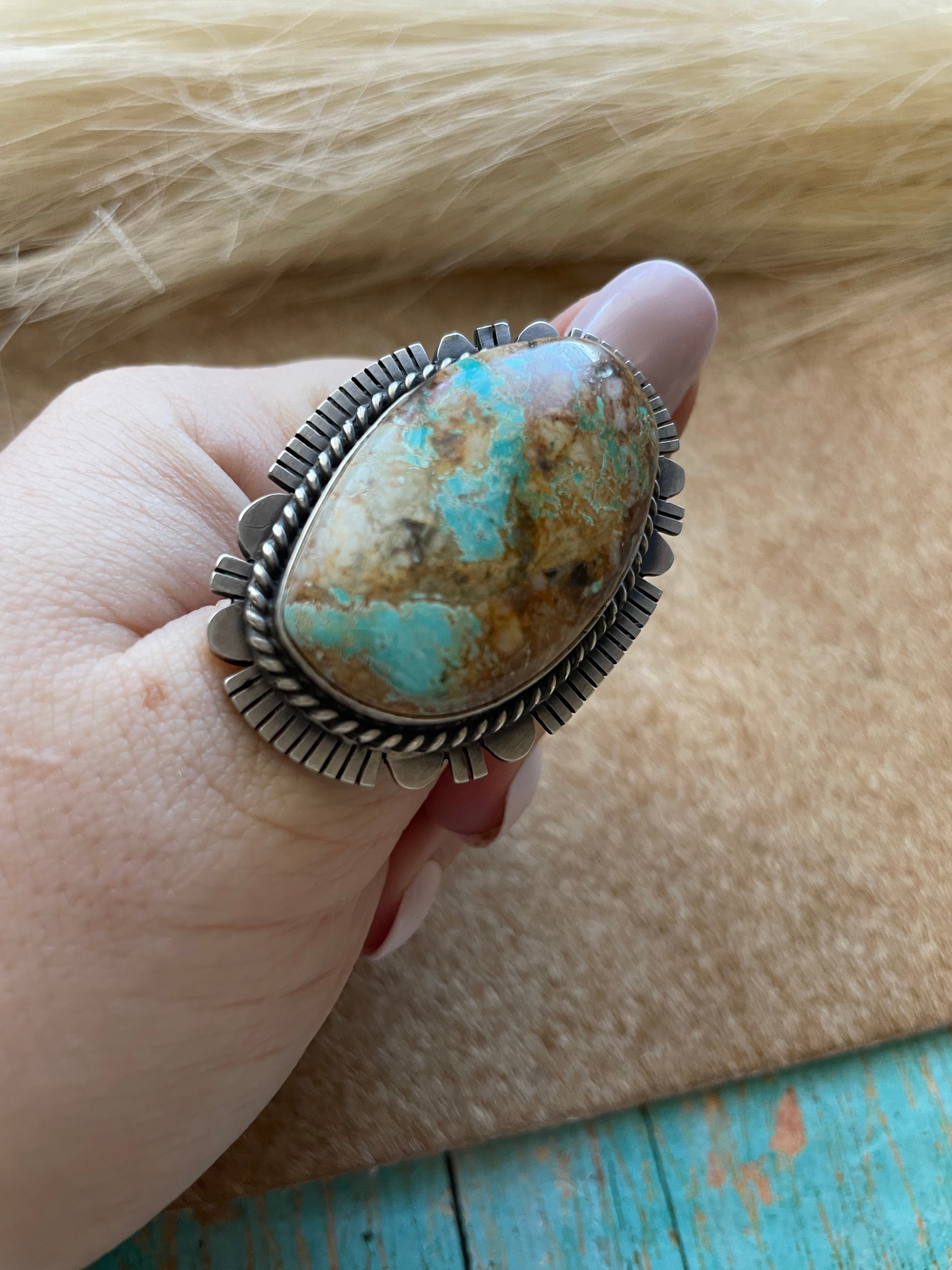 Navajo Turquoise & Sterling Silver Ring Size 10 Signed Russell Sam