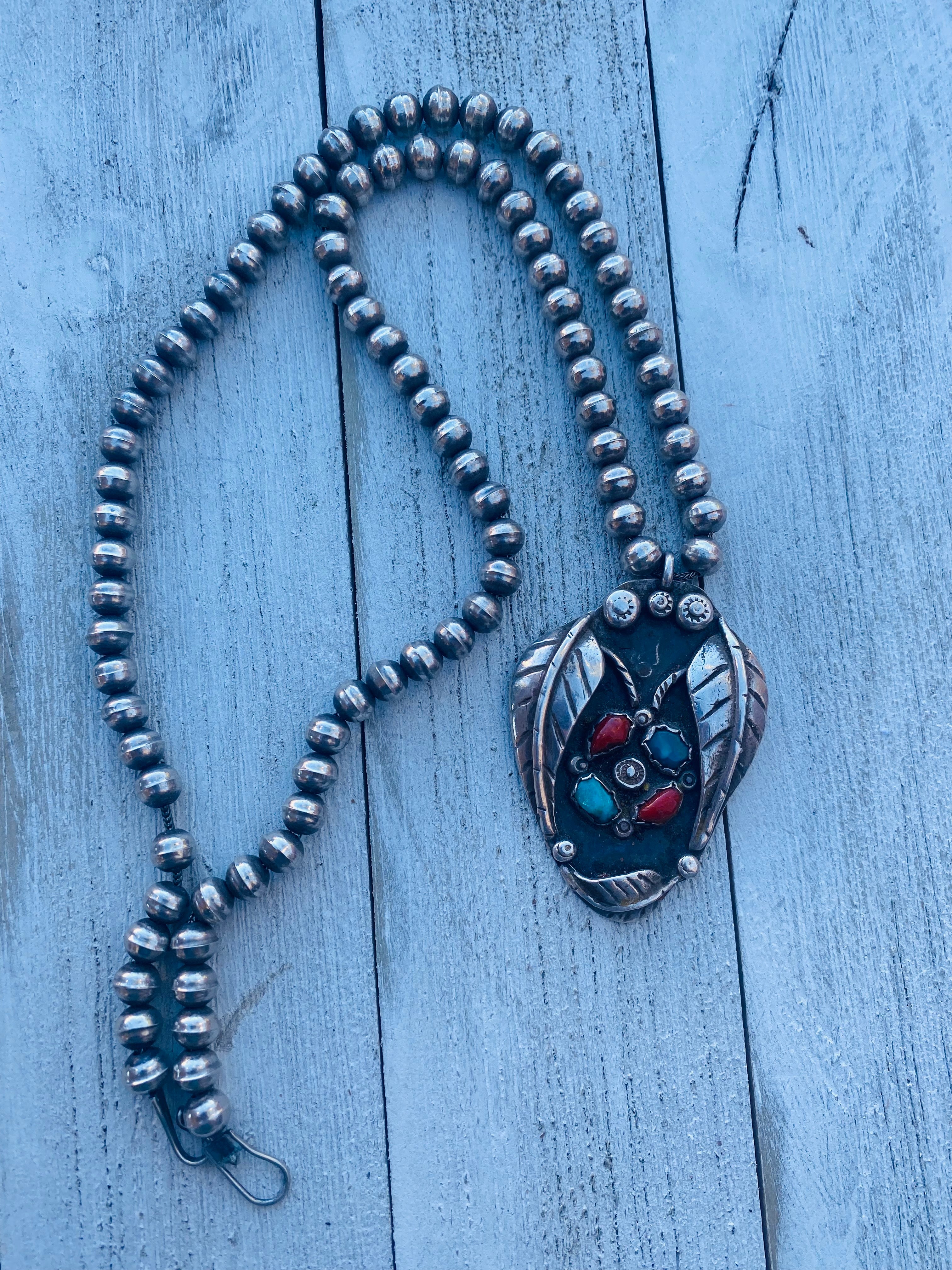 Vintage Navajo Turquoise, Coral & Sterlingi Silver Beaded Necklace