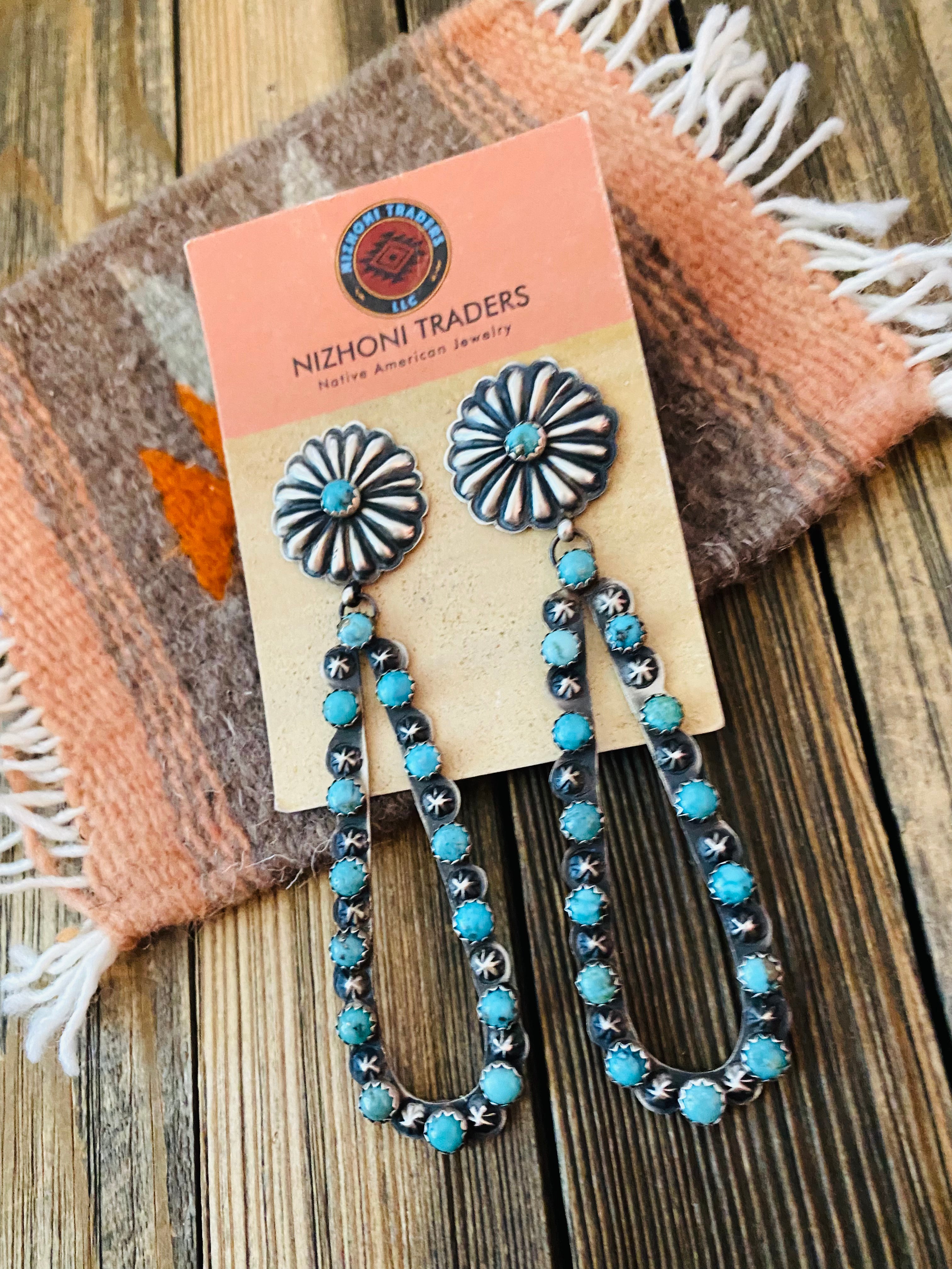 Navajo Sterling Silver & Turquoise Concho Dangle Earrings By Eugene Charley