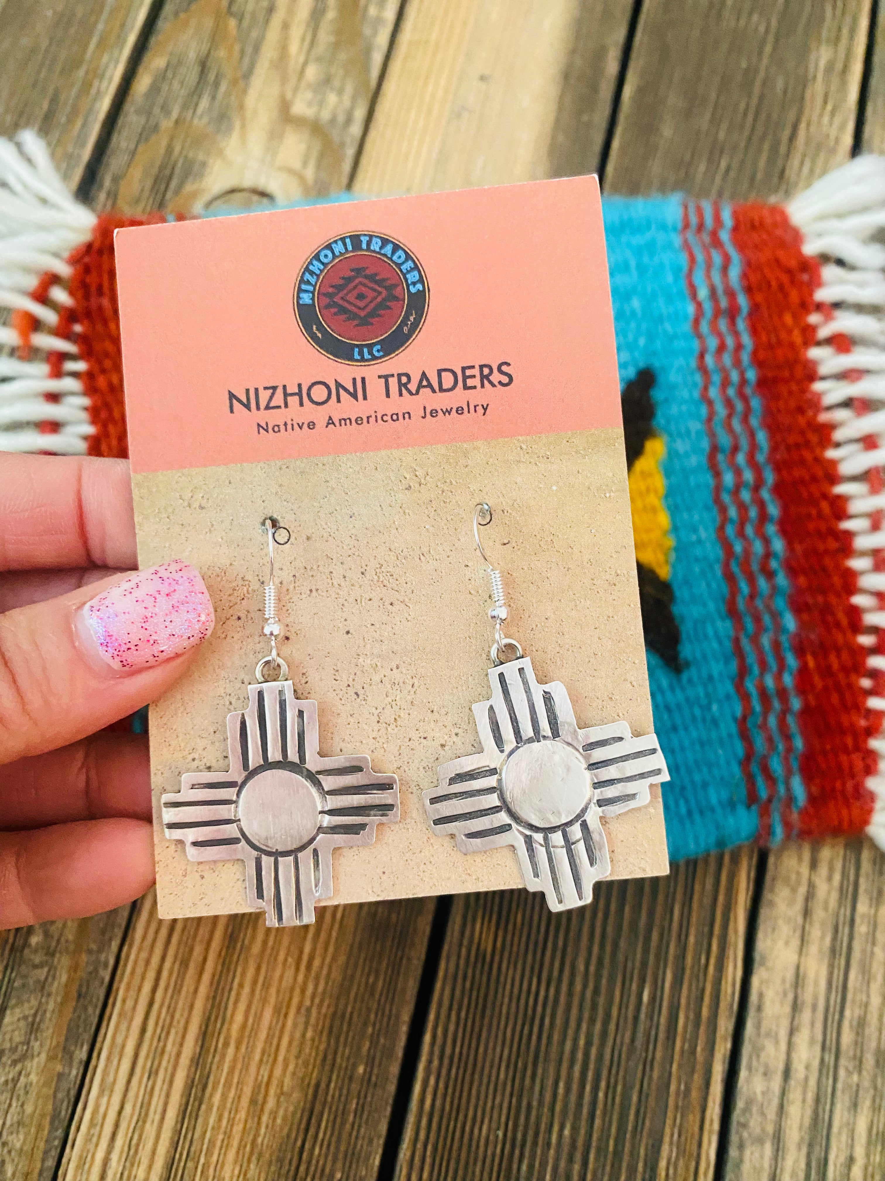 Navajo Hand Stamped Sterling Silver Zia Cross Dangle Earrings Signed