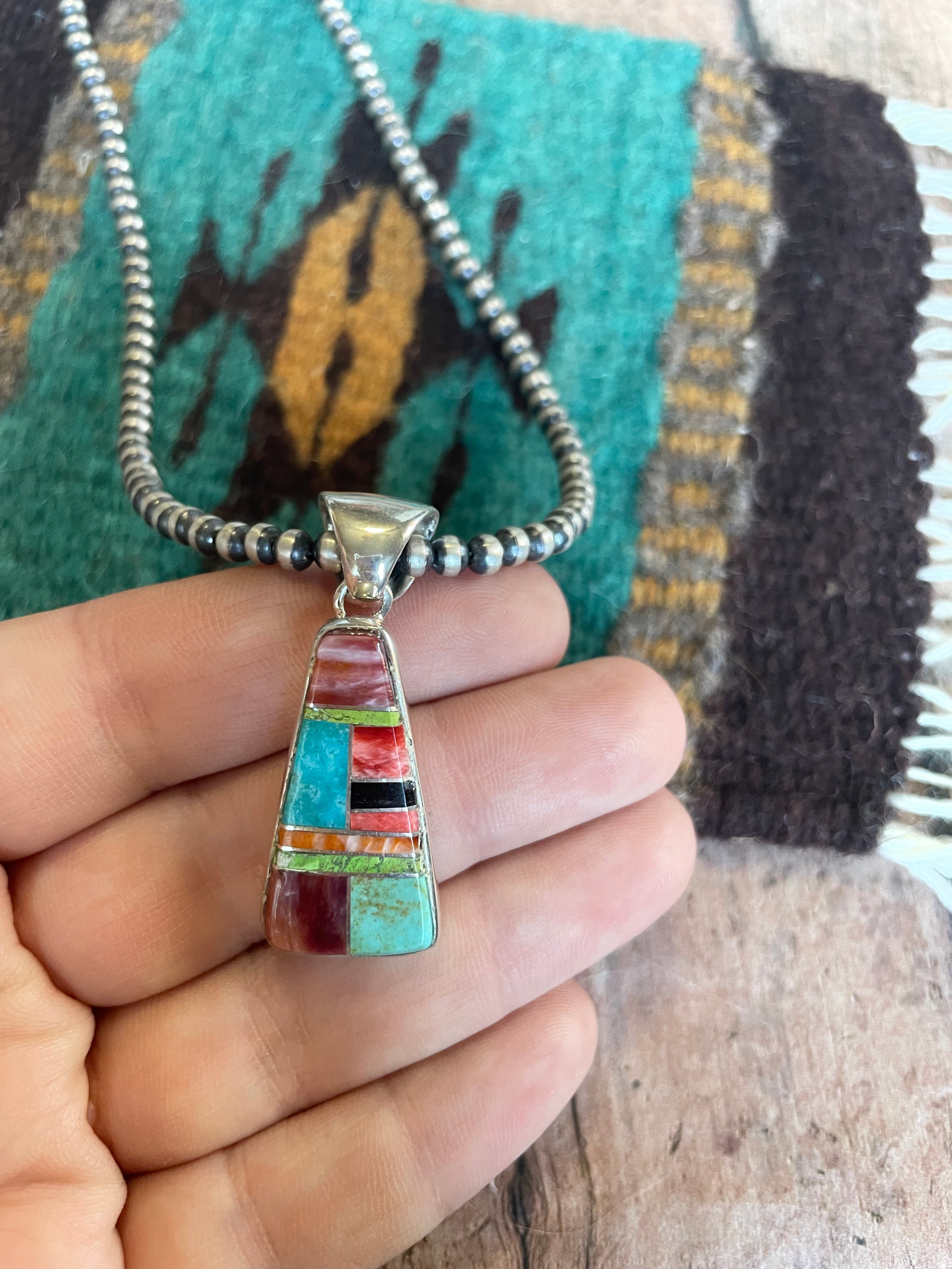 Navajo Multi Stone Inlay & Sterling Silver Pendant Signed