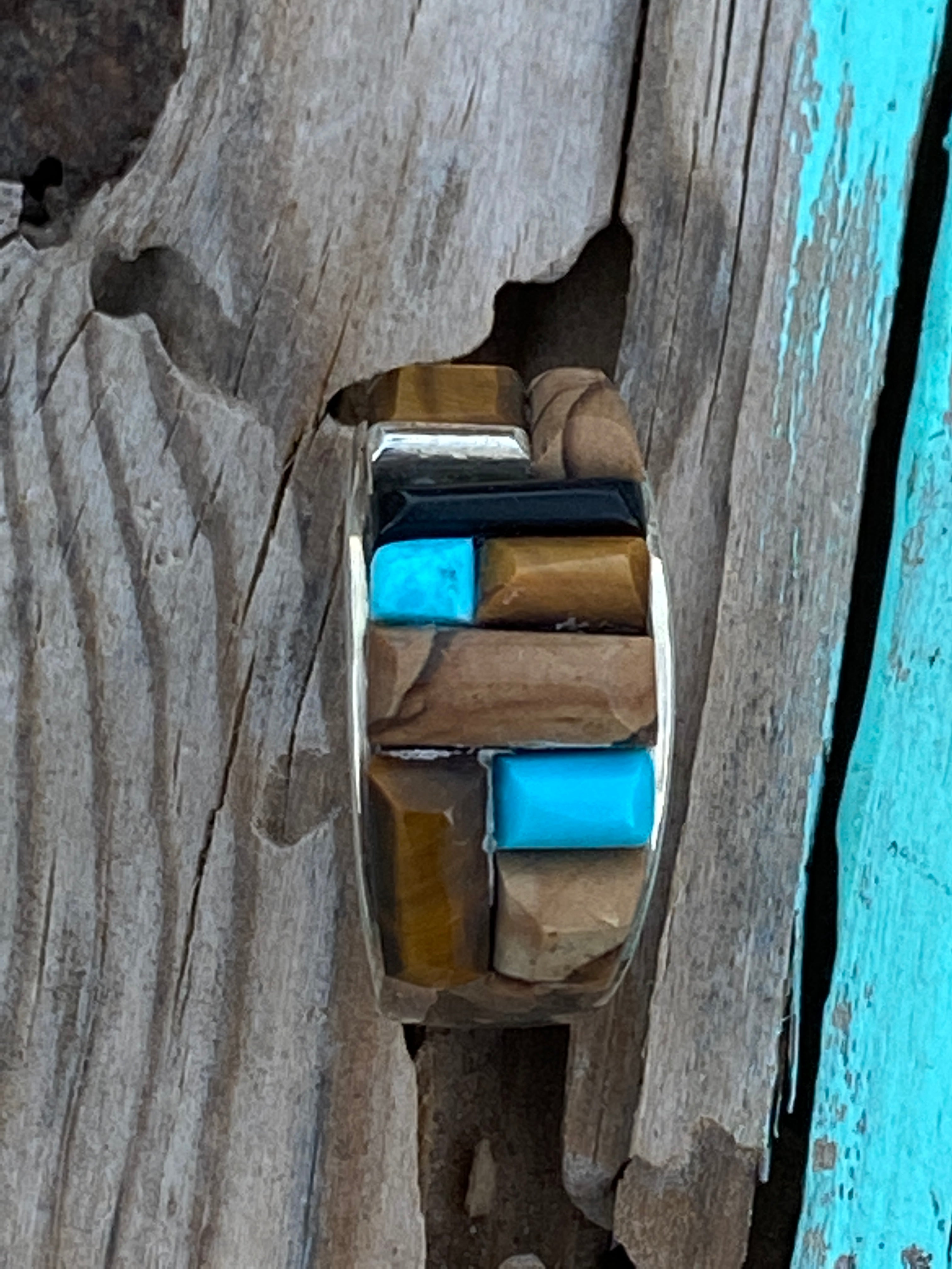 Navajo Turquoise Onyx, Petrified Wood & Sterling silver Ring Sz 7