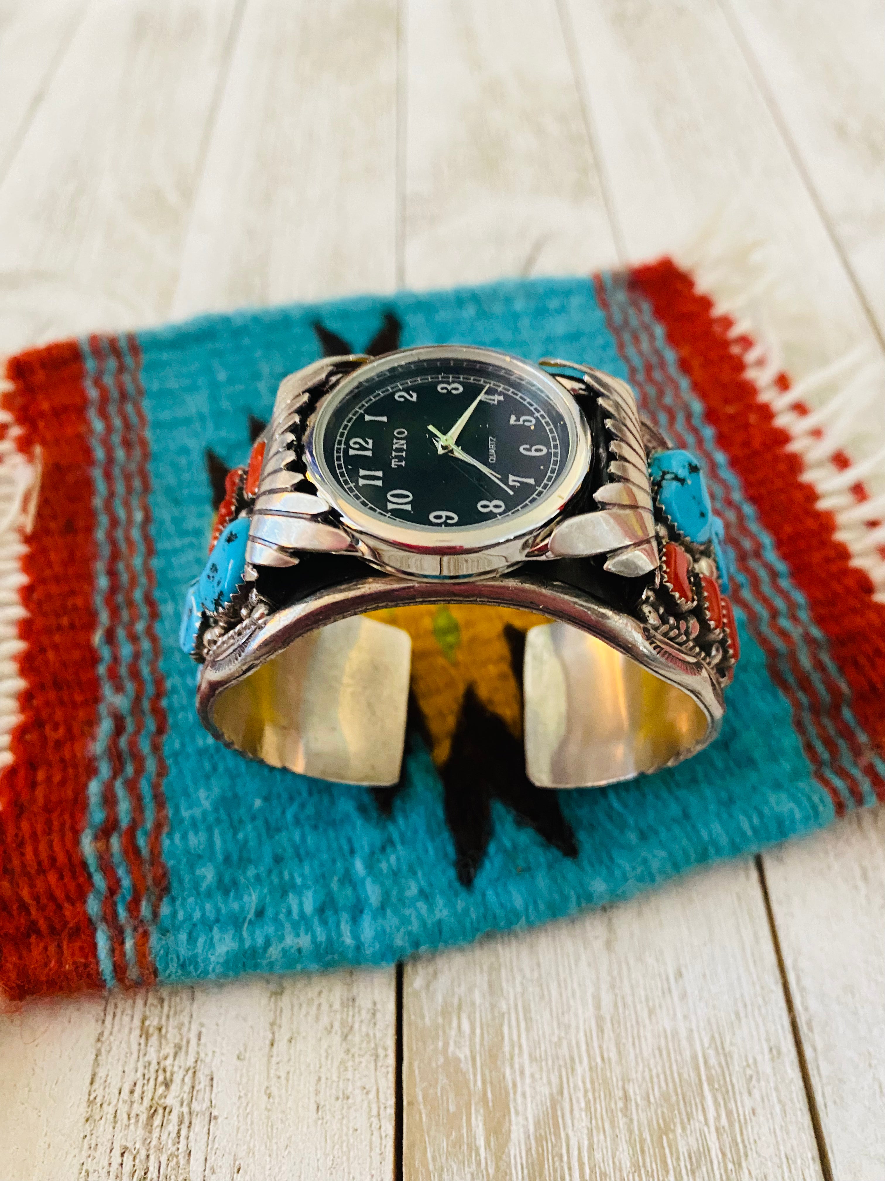 Vintage Native Stering Silver order Watch Cuff Bracelet Turquoise Coral 47.9g-Not Work