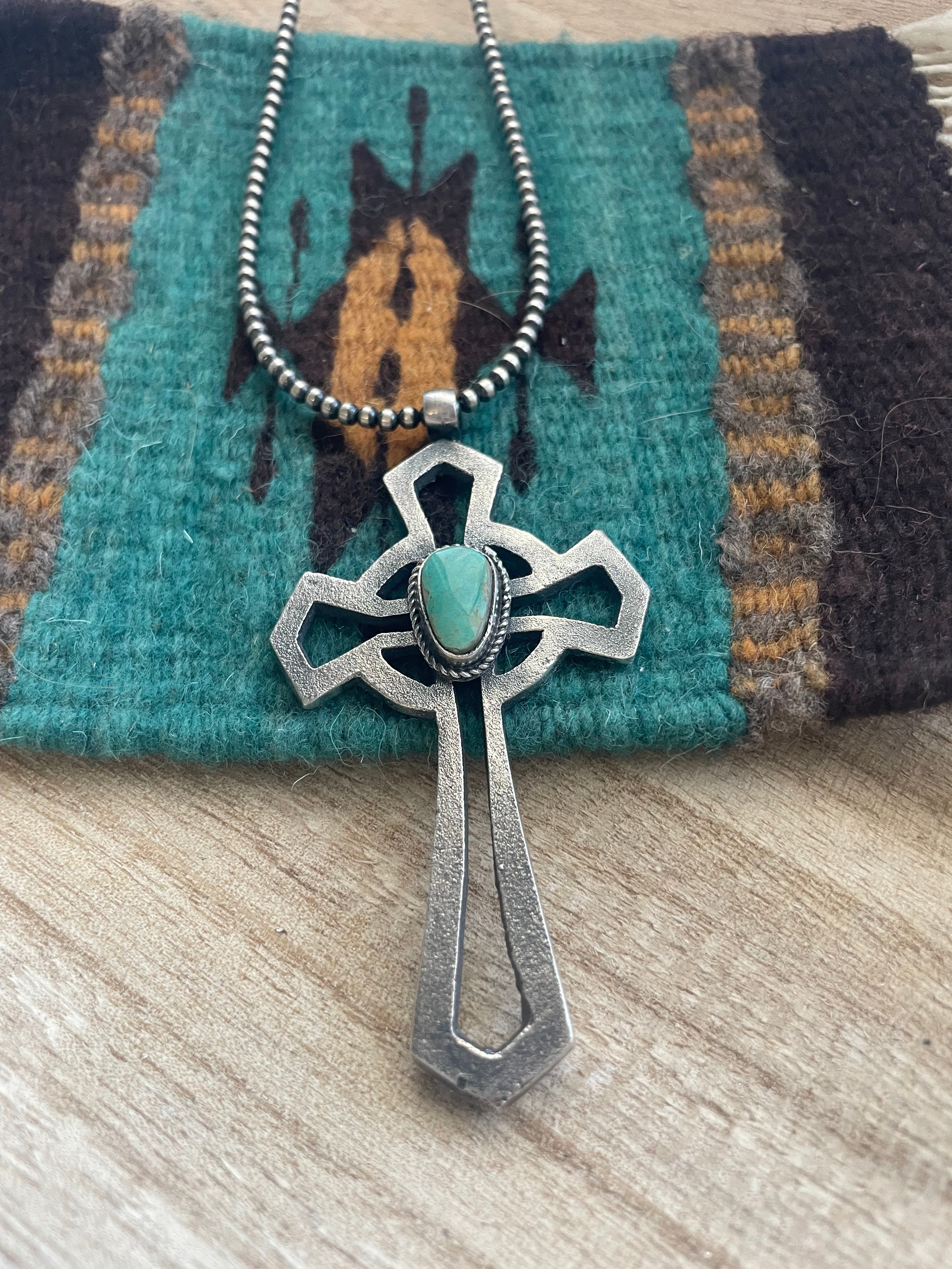 Navajo Sterling Silver & Turquoise Cross Pendant Signed Eugene Mitchell