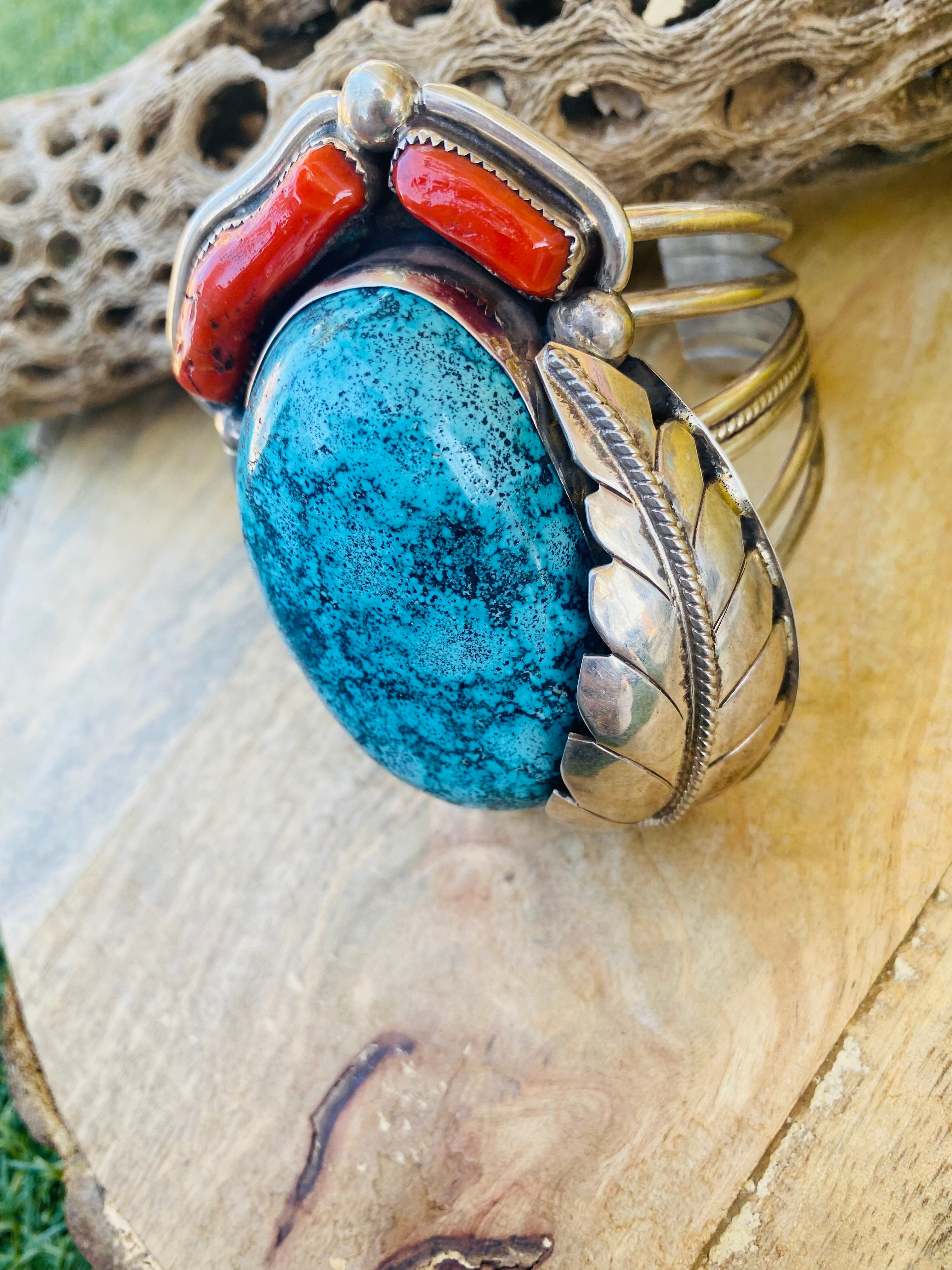 Incredible Navajo Handmade Bisbee Turquoise, Coral & Sterling Silver Jumbo Cuff Bracelet