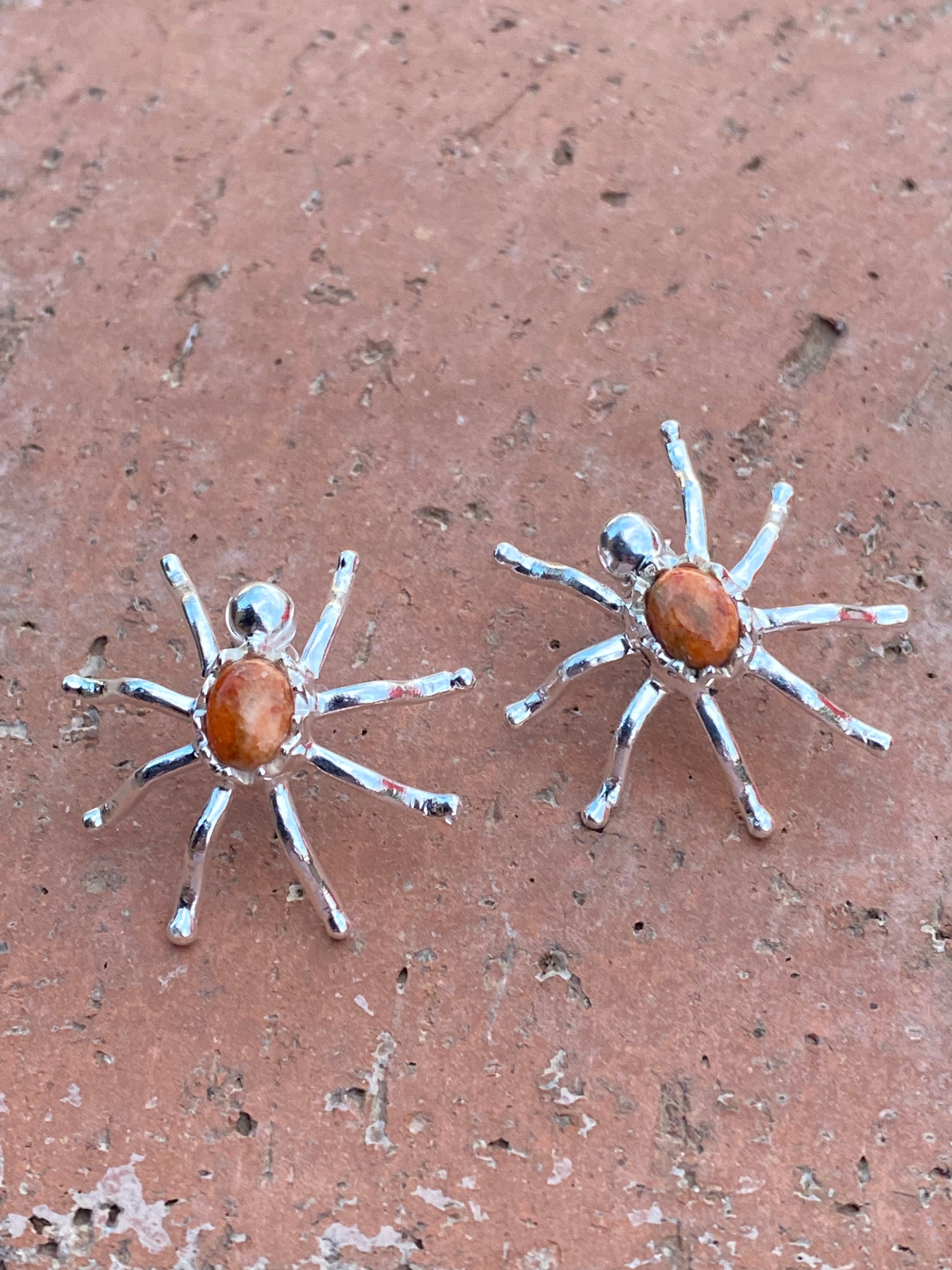 Natural Orange Mojave & Sterling Silver Spider Stud Earrings