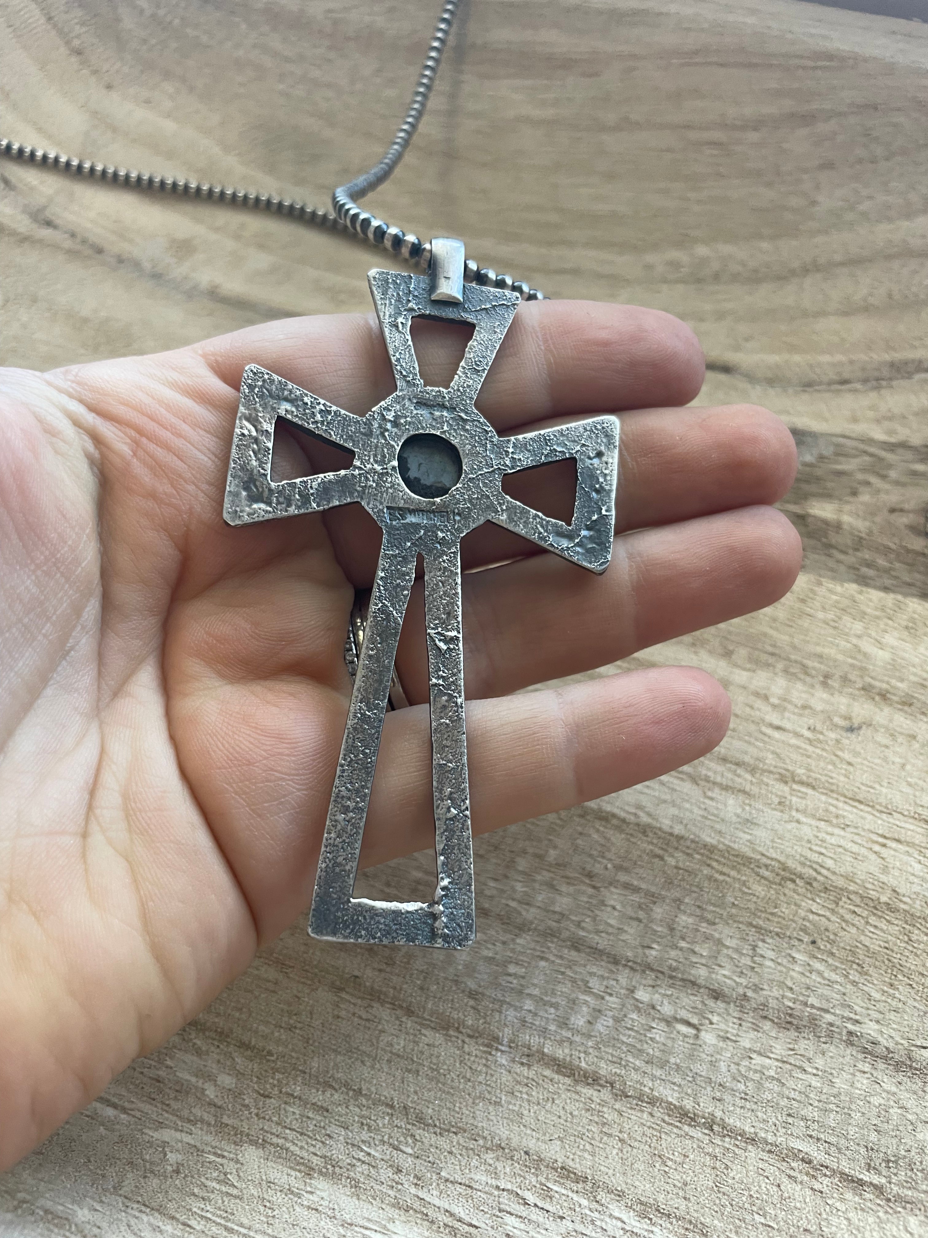 Navajo Sterling Silver & Turquoise Cross Pendant Signed Eugene Mitchell