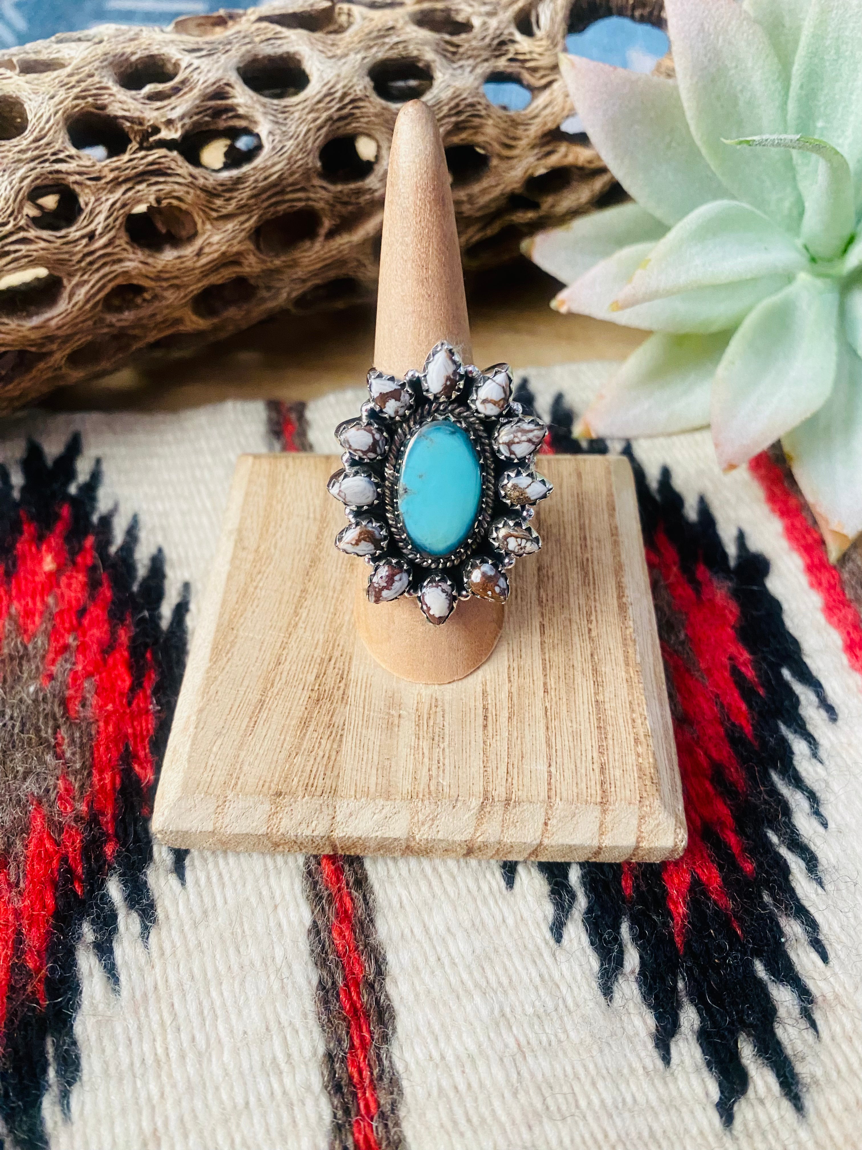 Handmade Sterling Silver, Wild Horse & Turquoise Cluster Adjustable Ring