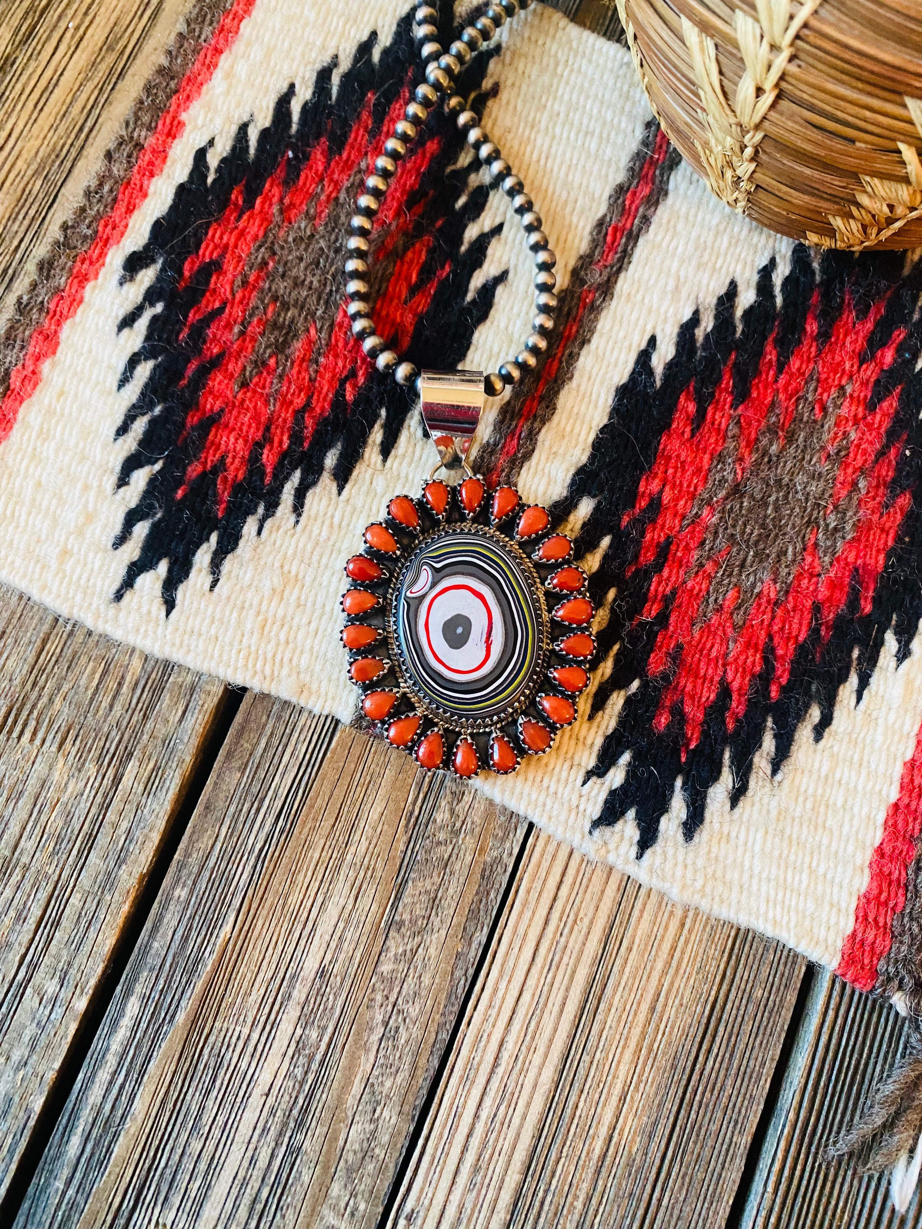 Handmade Sterling Silver, Fordite & Coral Cluster Pendant