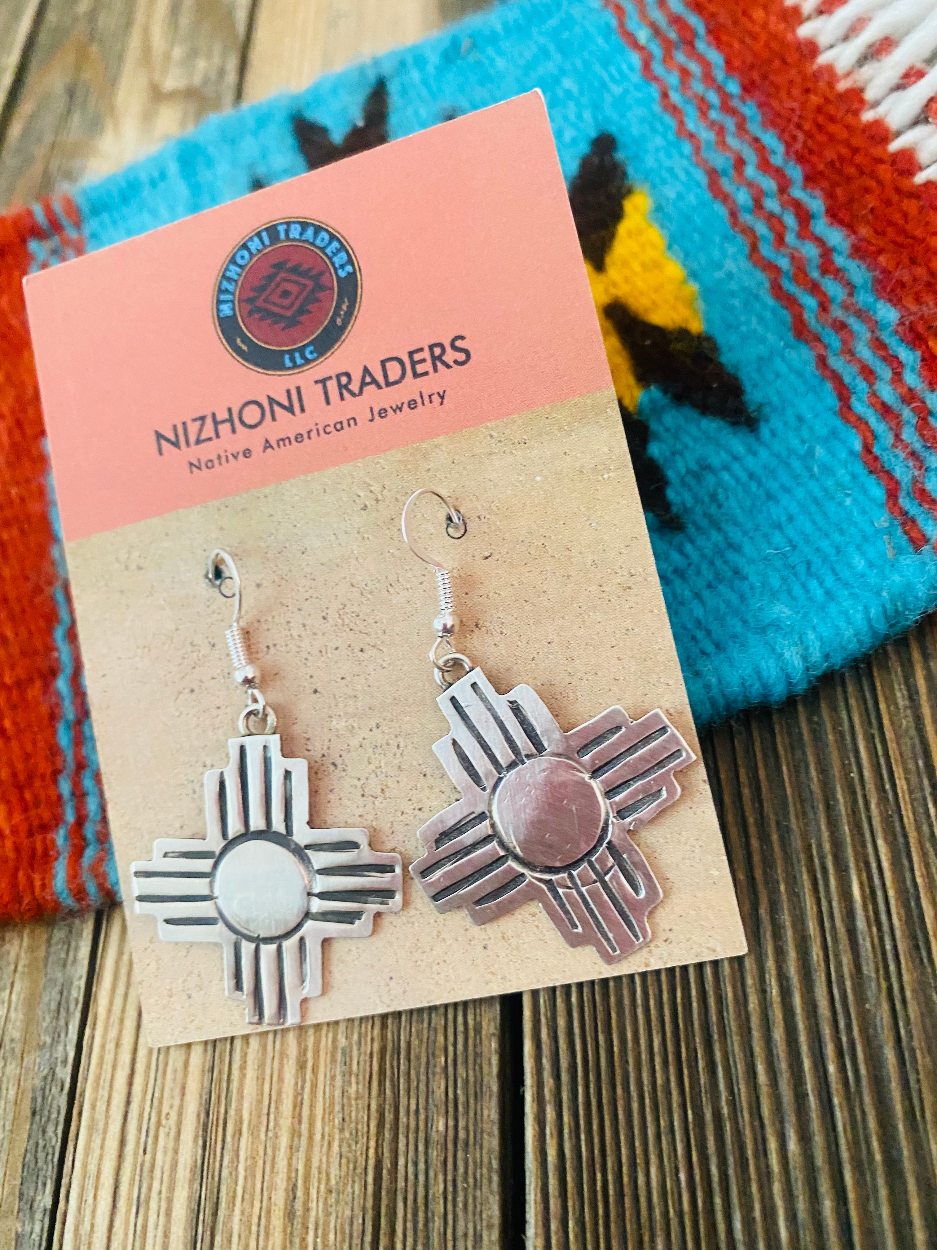 Navajo Hand Stamped Sterling Silver Zia Cross Dangle Earrings Signed