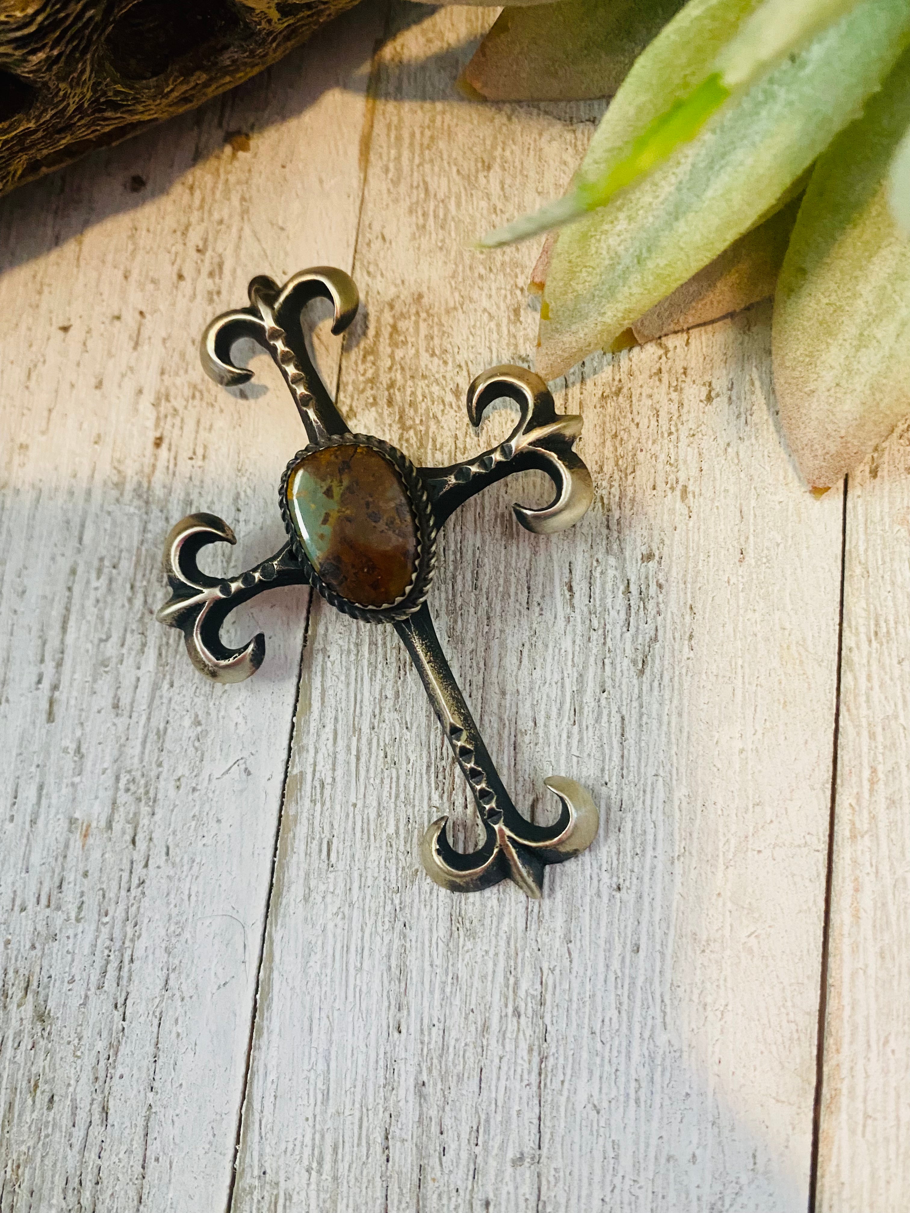 Navajo Sterling Silver & Royston Turquoise Cross Pendant By Martha Cayatineto