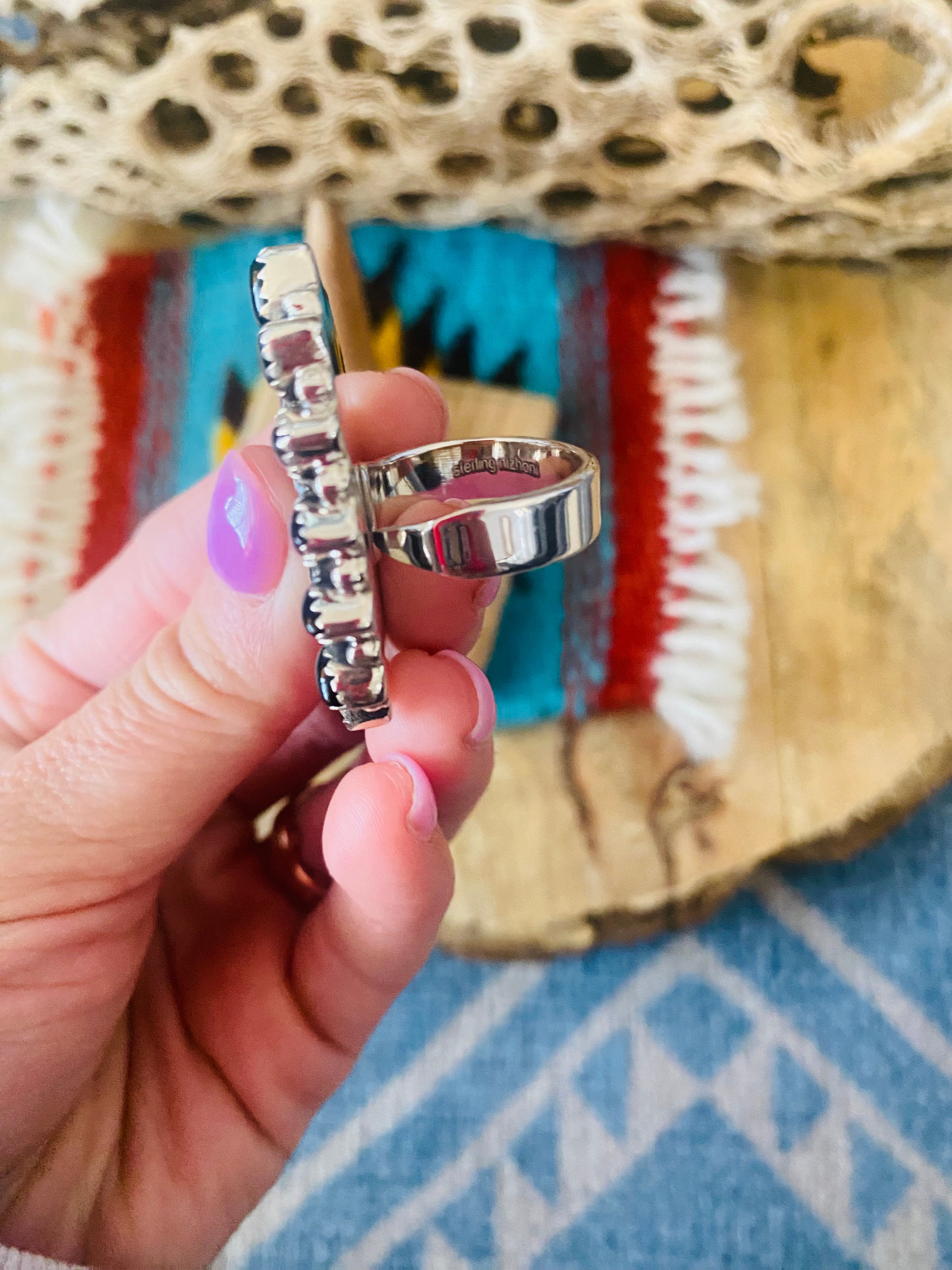 Handmade Sterling Silver, Fordite & Onyx Cluster Adjustable Ring