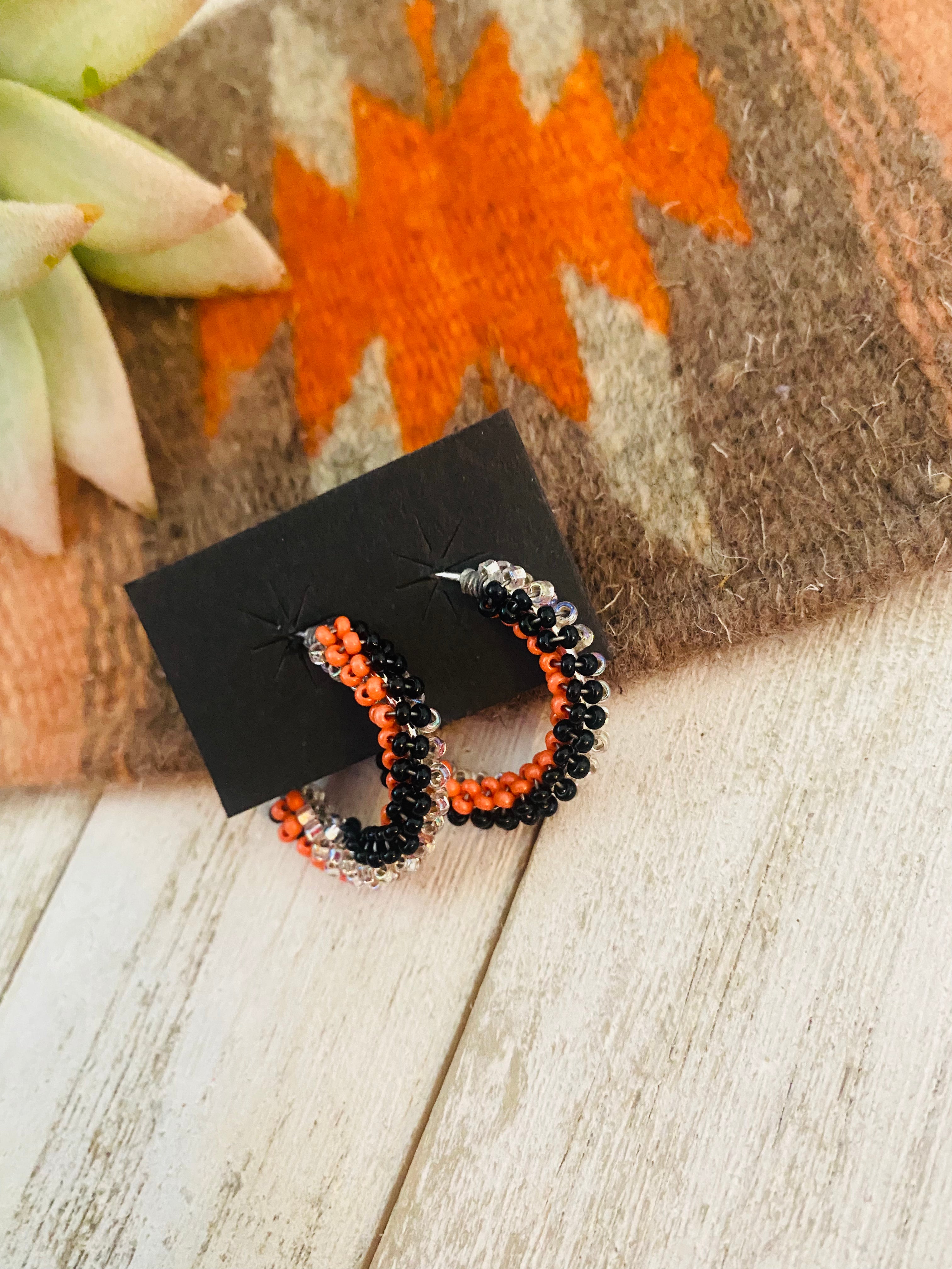 Navajo Handmade Beaded Hoop Earrings-silver/orange