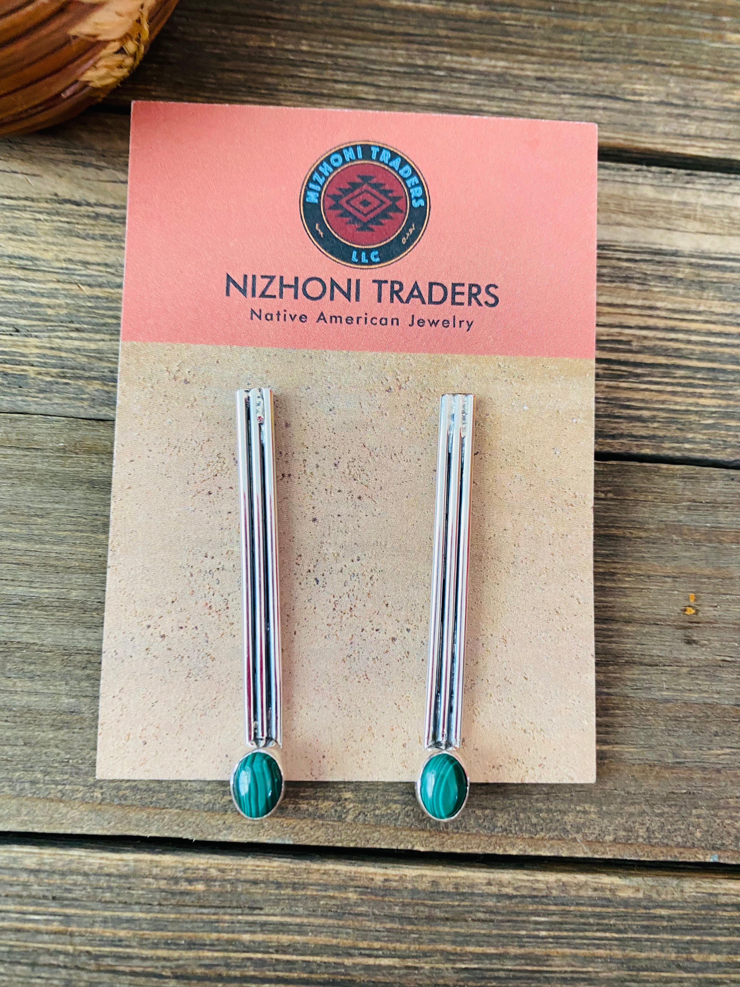 Navajo Malachite & Sterling Silver Dangle Earrings