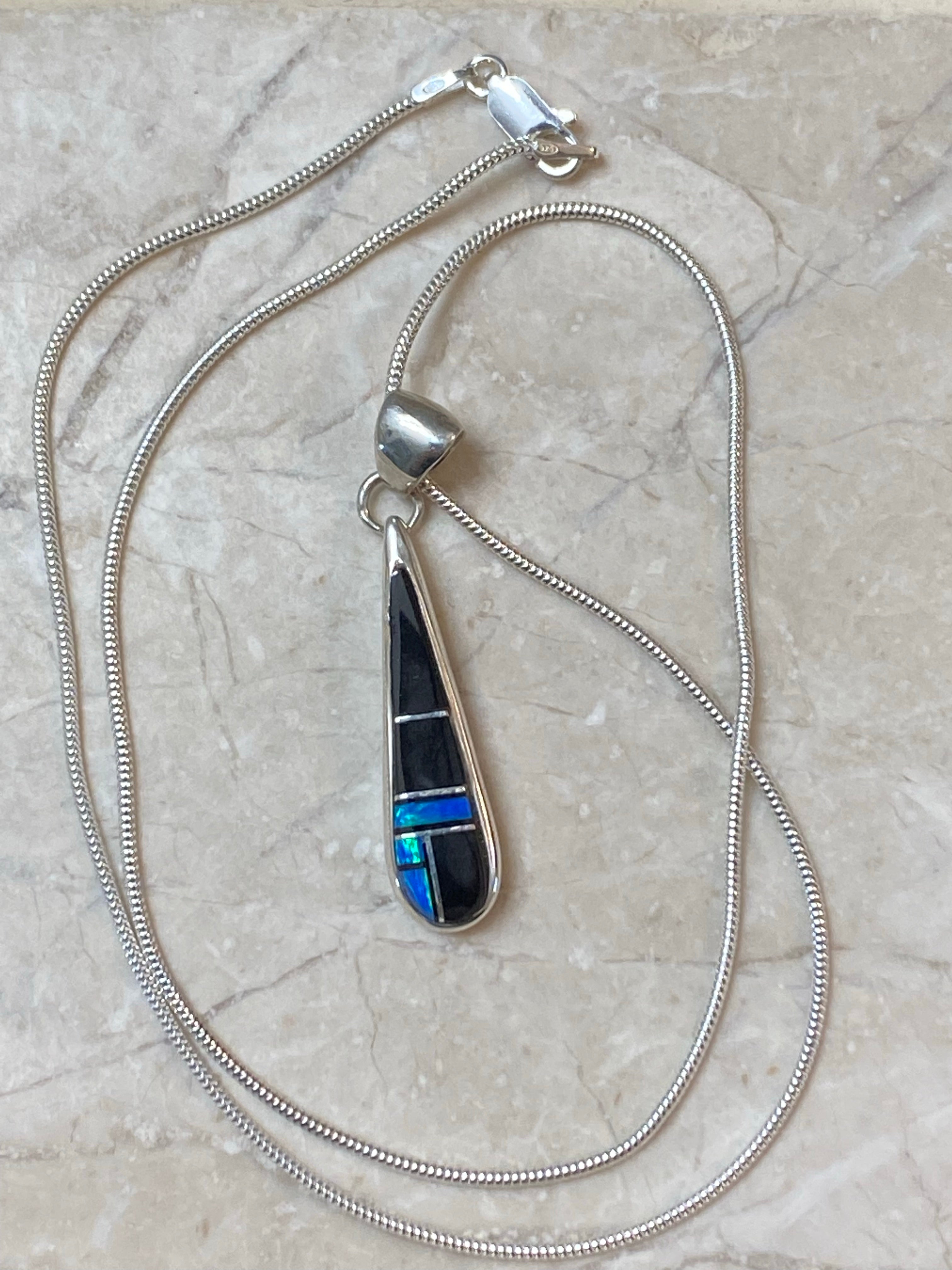 Navajo Onyx, Blue Opal Sterling Silver Pendant