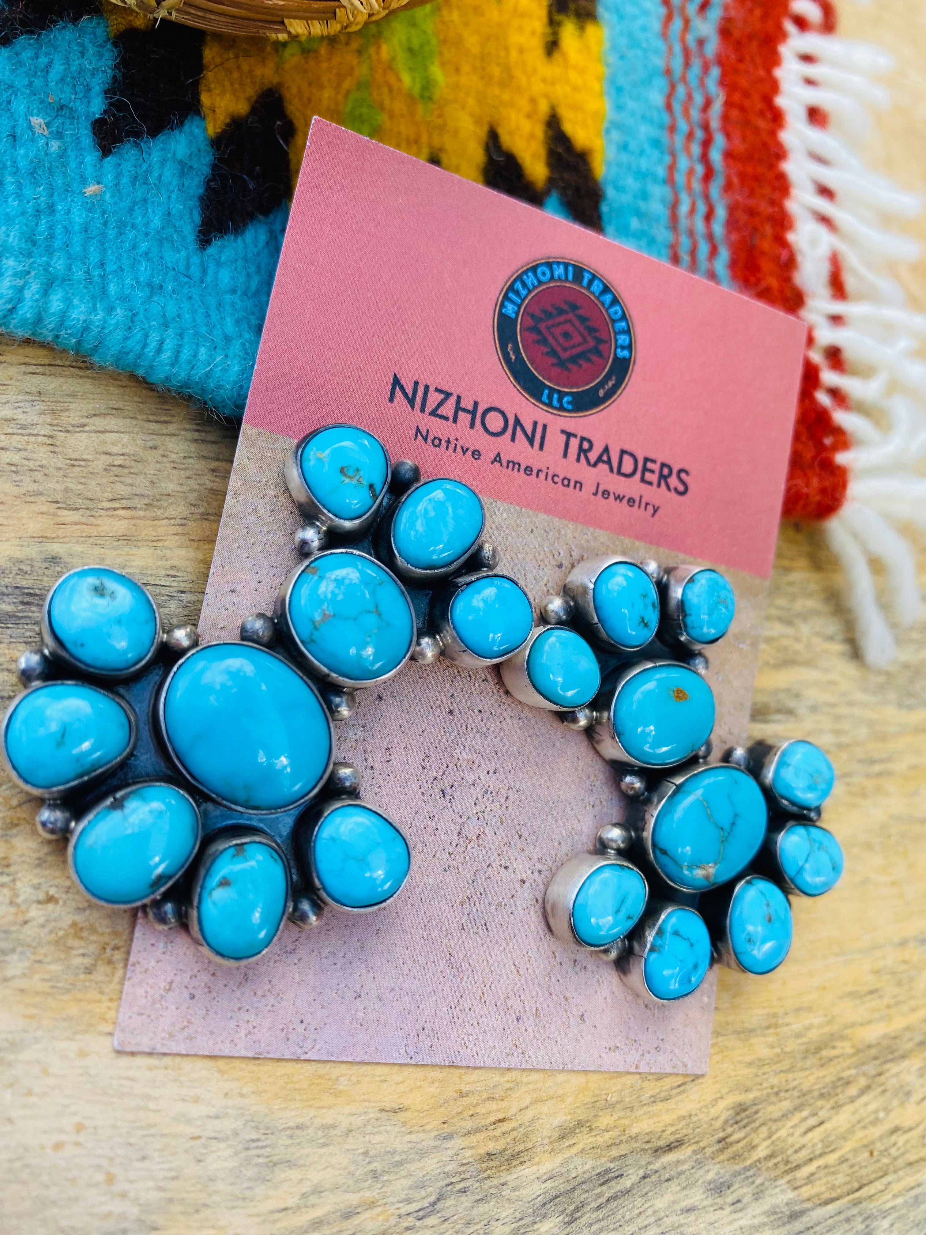 Navajo Sterling Silver & Kingman Turquoise Cluster Earrings