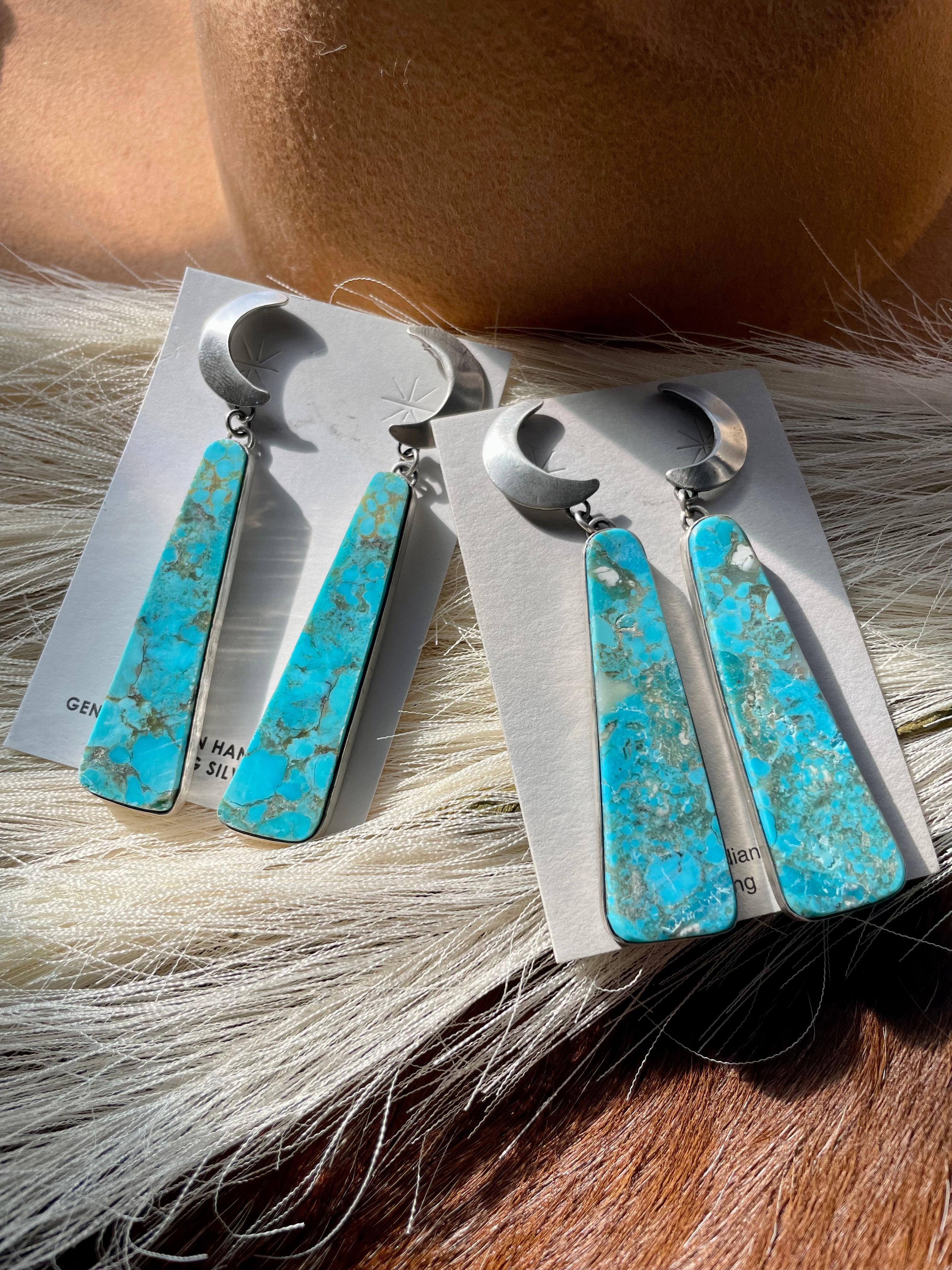 Navajo Turquoise & Sterling Silver Moon Slab Dangles Signed P Yazzie