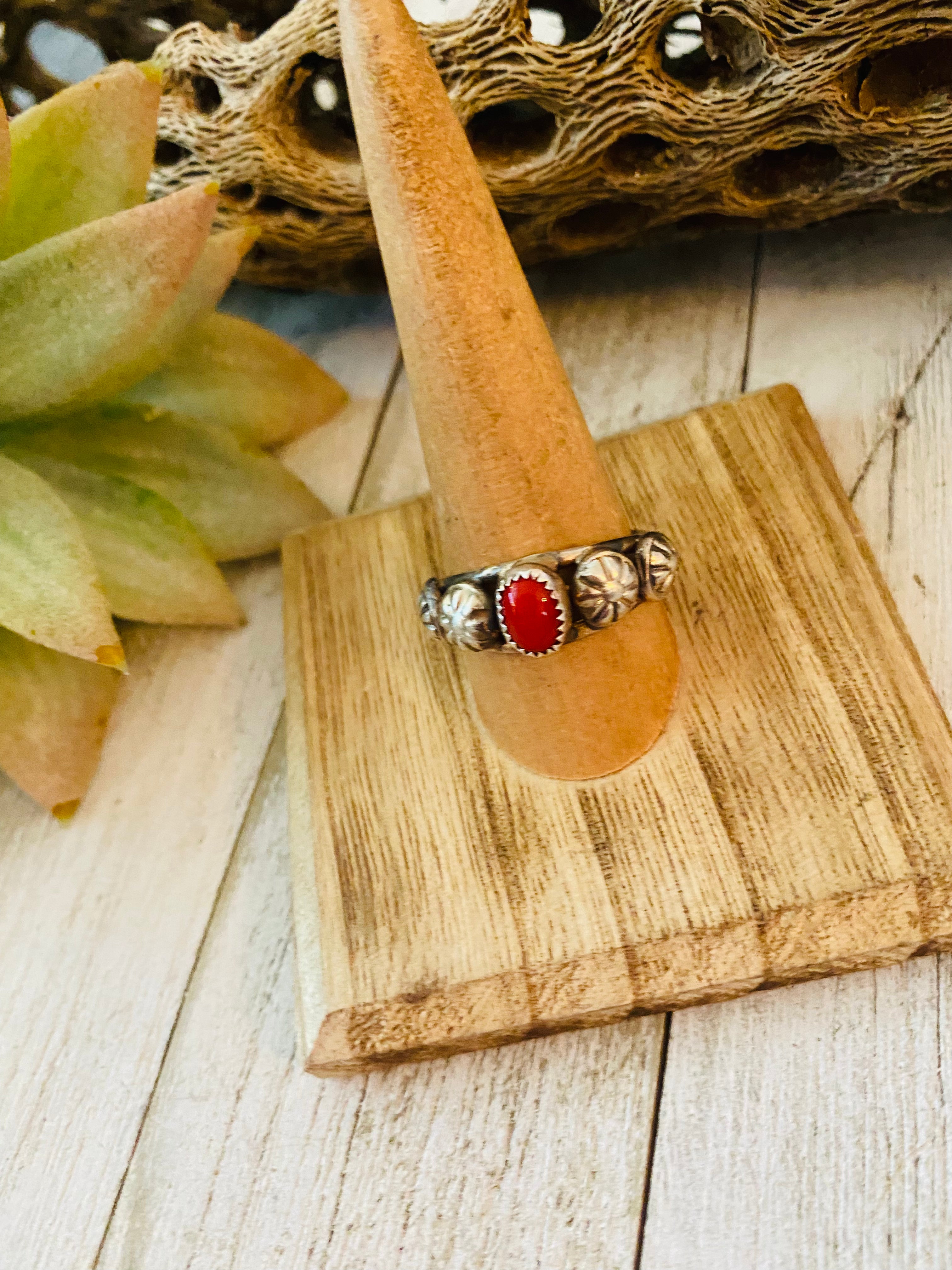 Navajo Coral and Sterling Silver Concho Band Ring