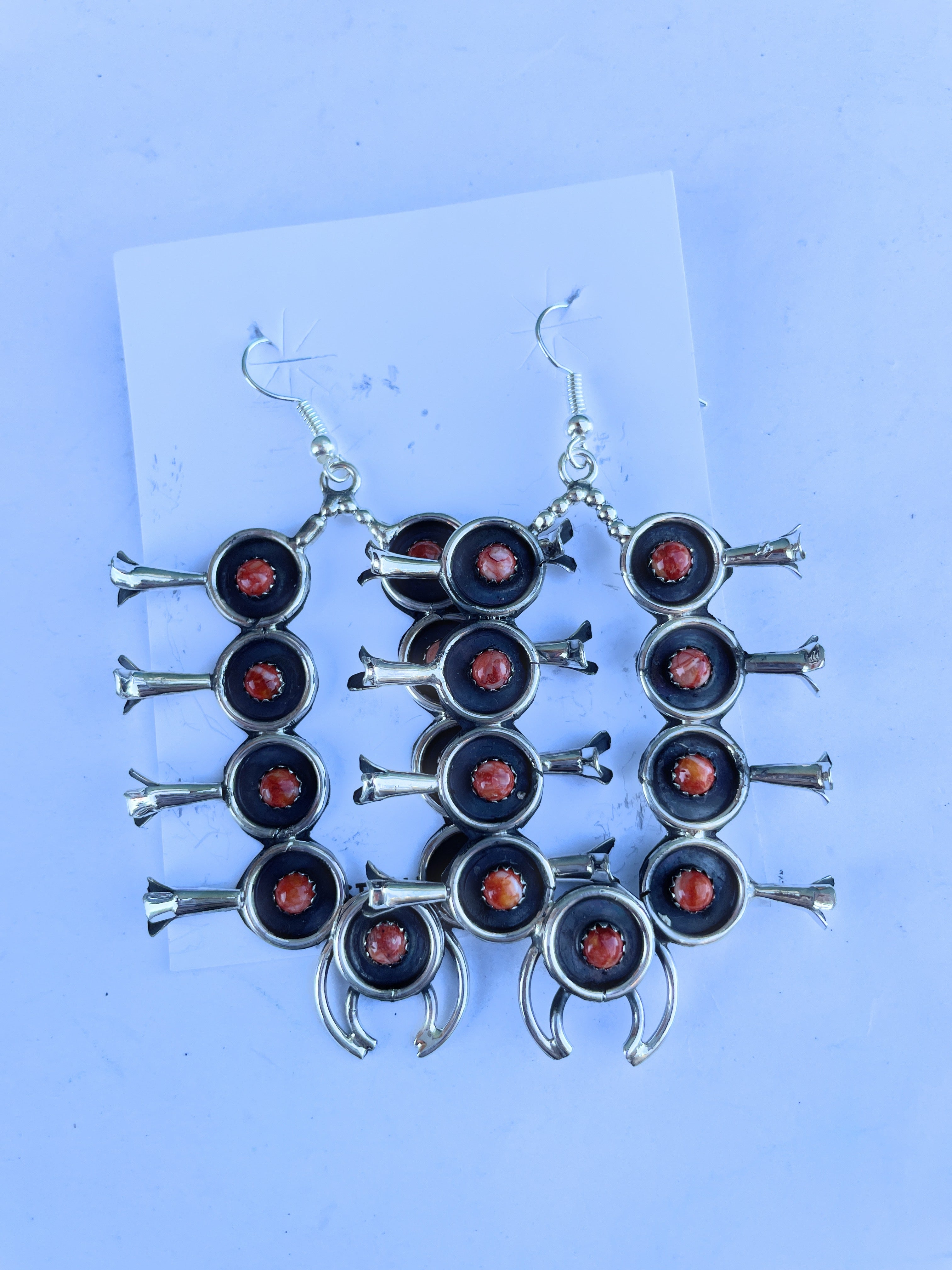 Navajo Orange Spiny and Sterling Silver Blossom Dangle Earrings