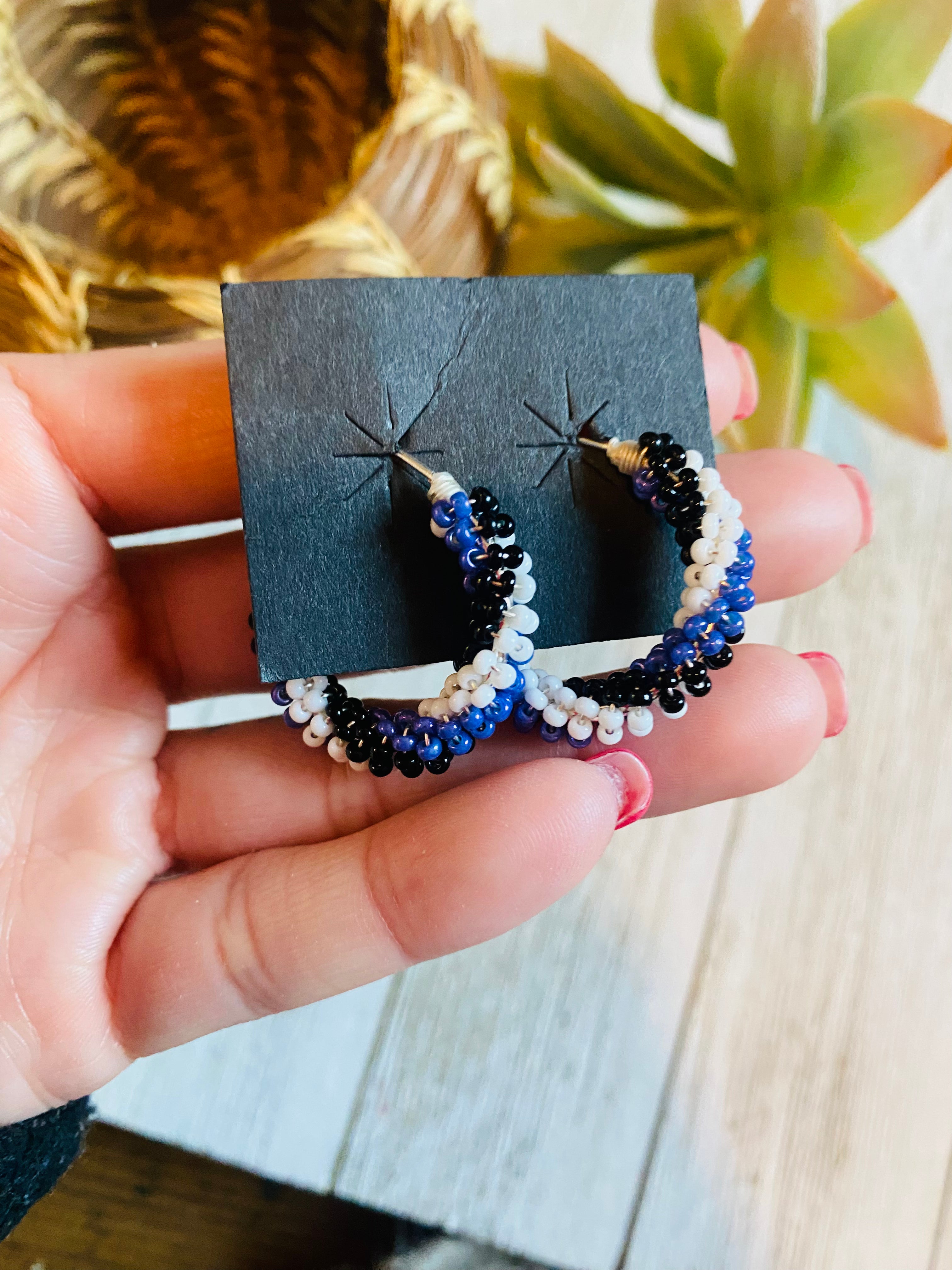 Navajo Handmade Beaded Hoop Earrings- purple