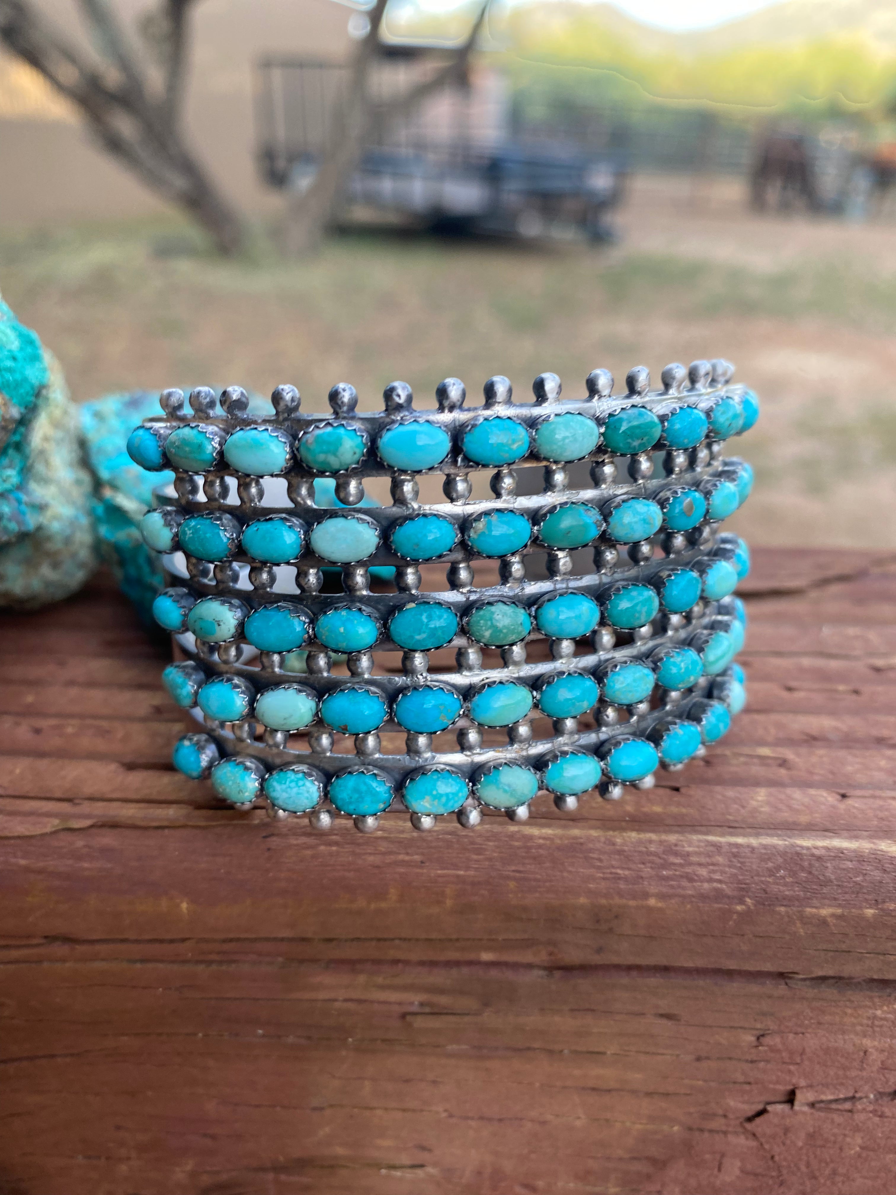 Mark Yazzie Navajo Sterling Silver & Carico Lake Turquoise Cuff Bracelet Signed