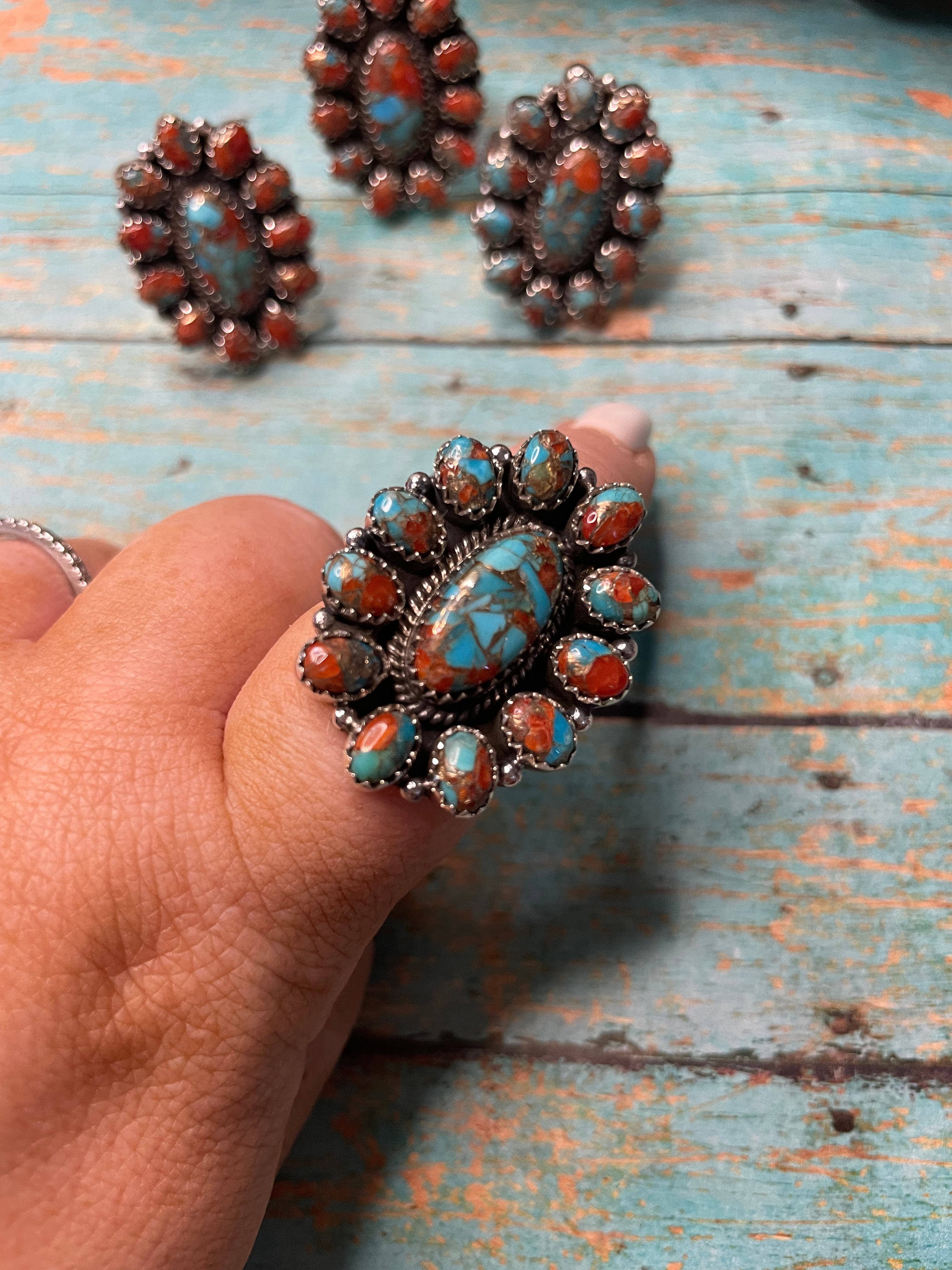 Handmade Sterling Silver And Coral Mojave Adjustable Cluster Ring