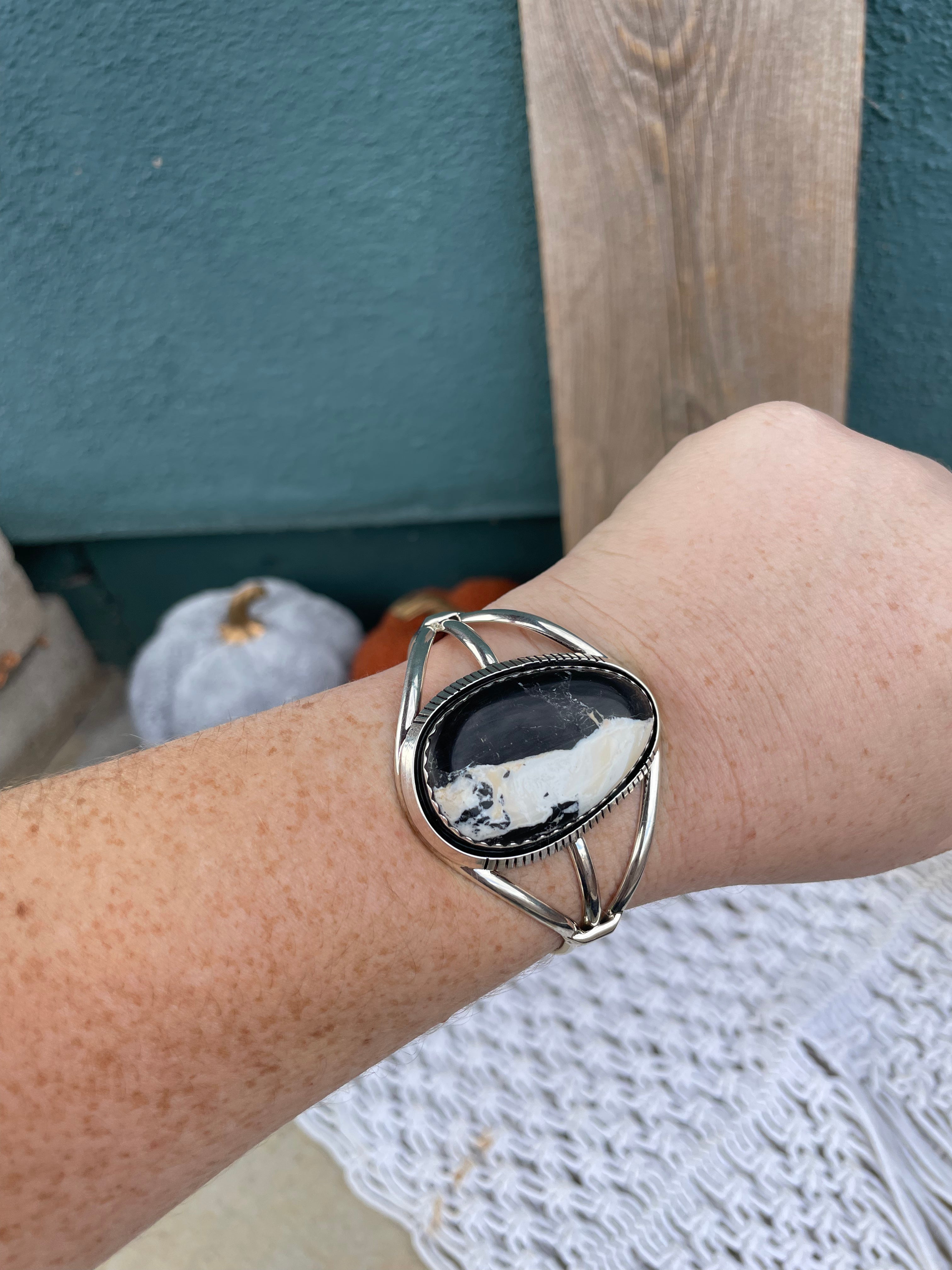 Navajo Sterling Silver And White Buffalo Adjustable Cuff Bracelet