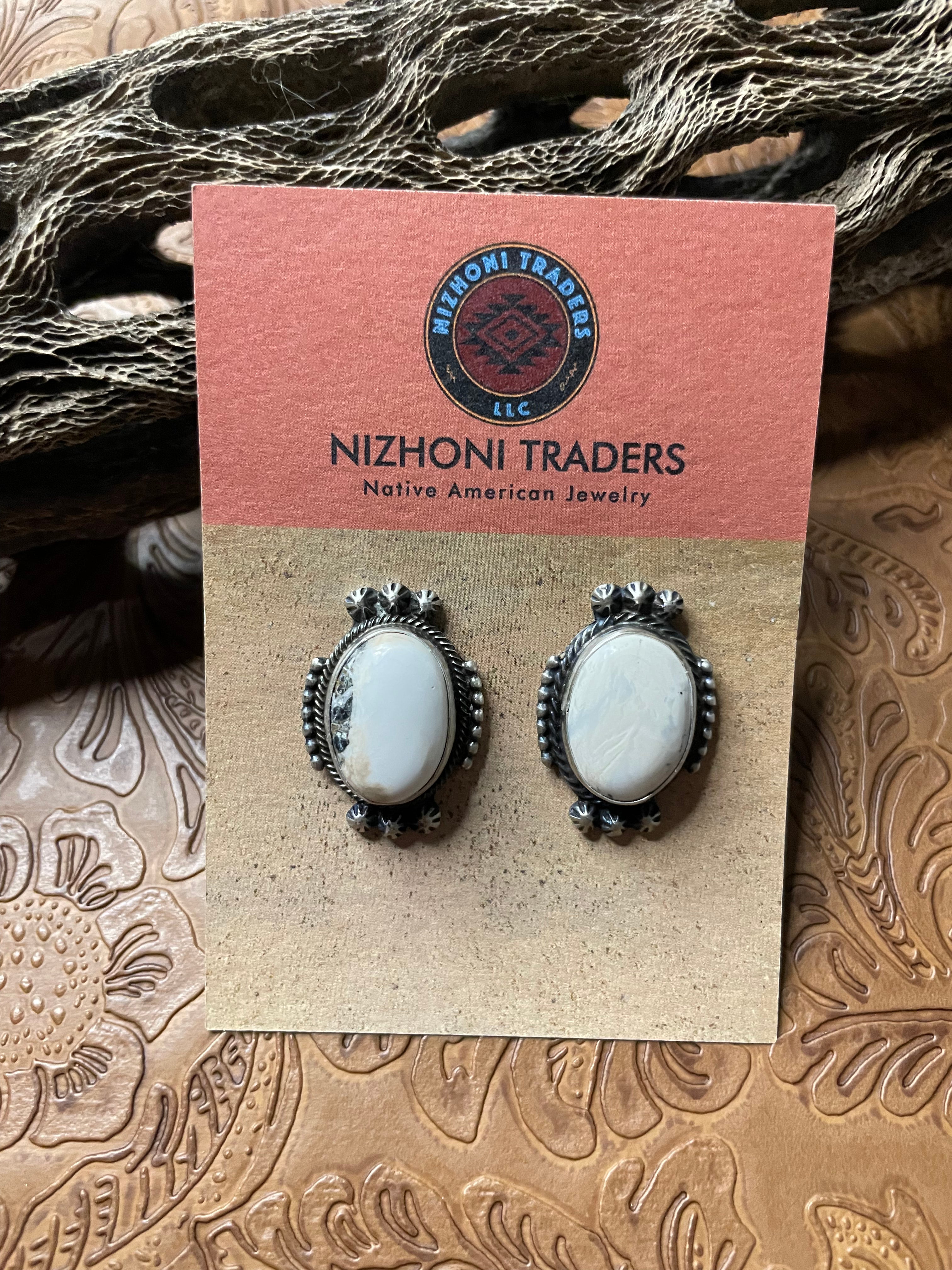 Navajo White Buffalo And Sterling Silver Post Earrings