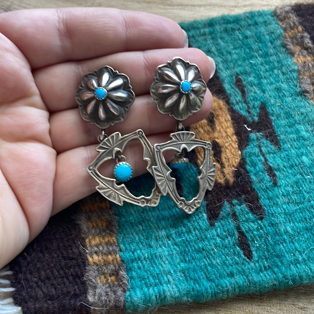 Navajo Sterling Silver & Turquoise Concho Dangle Earrings