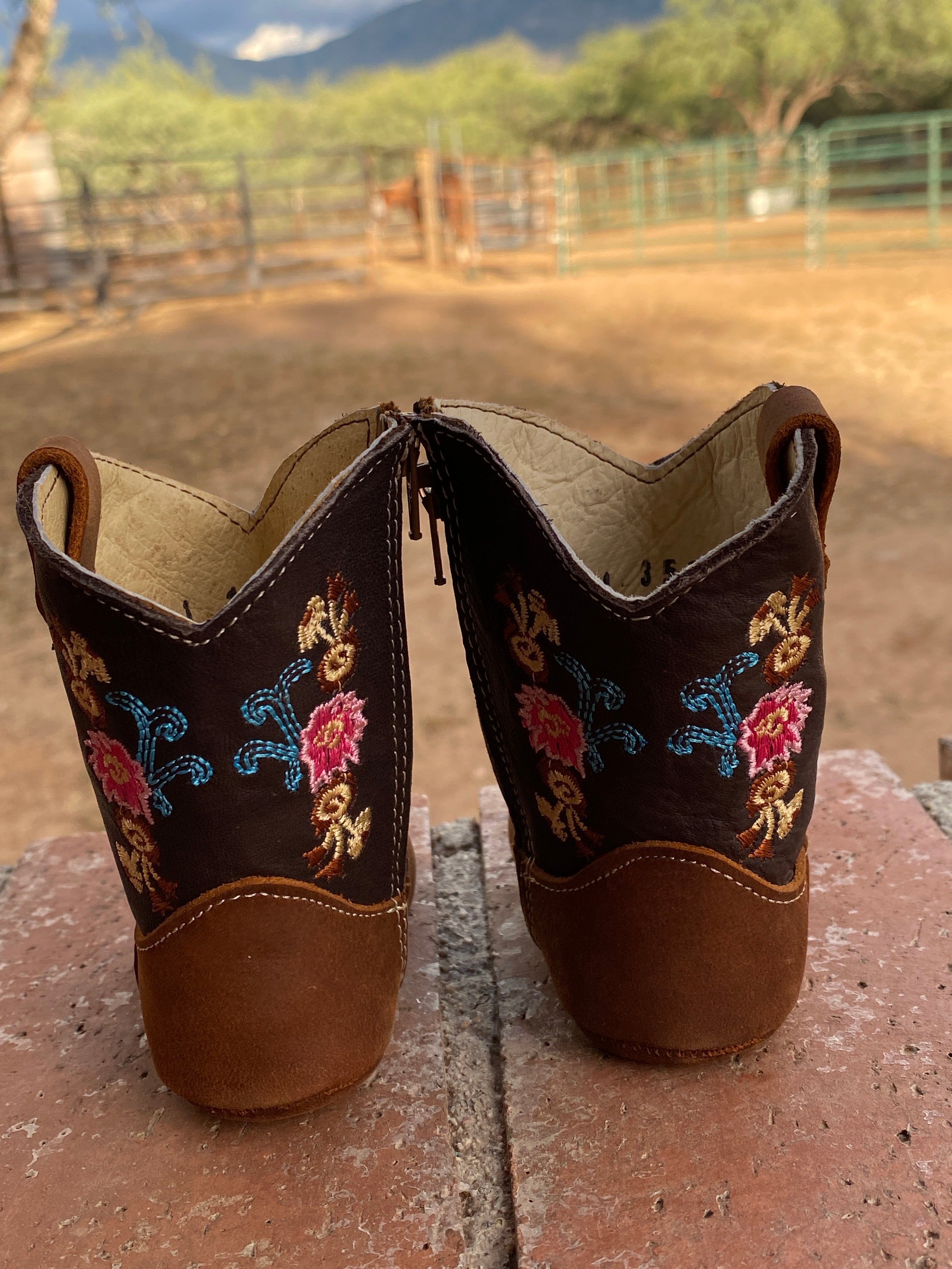 Western Leather infant Baby Boots Dark Brown & Flowered