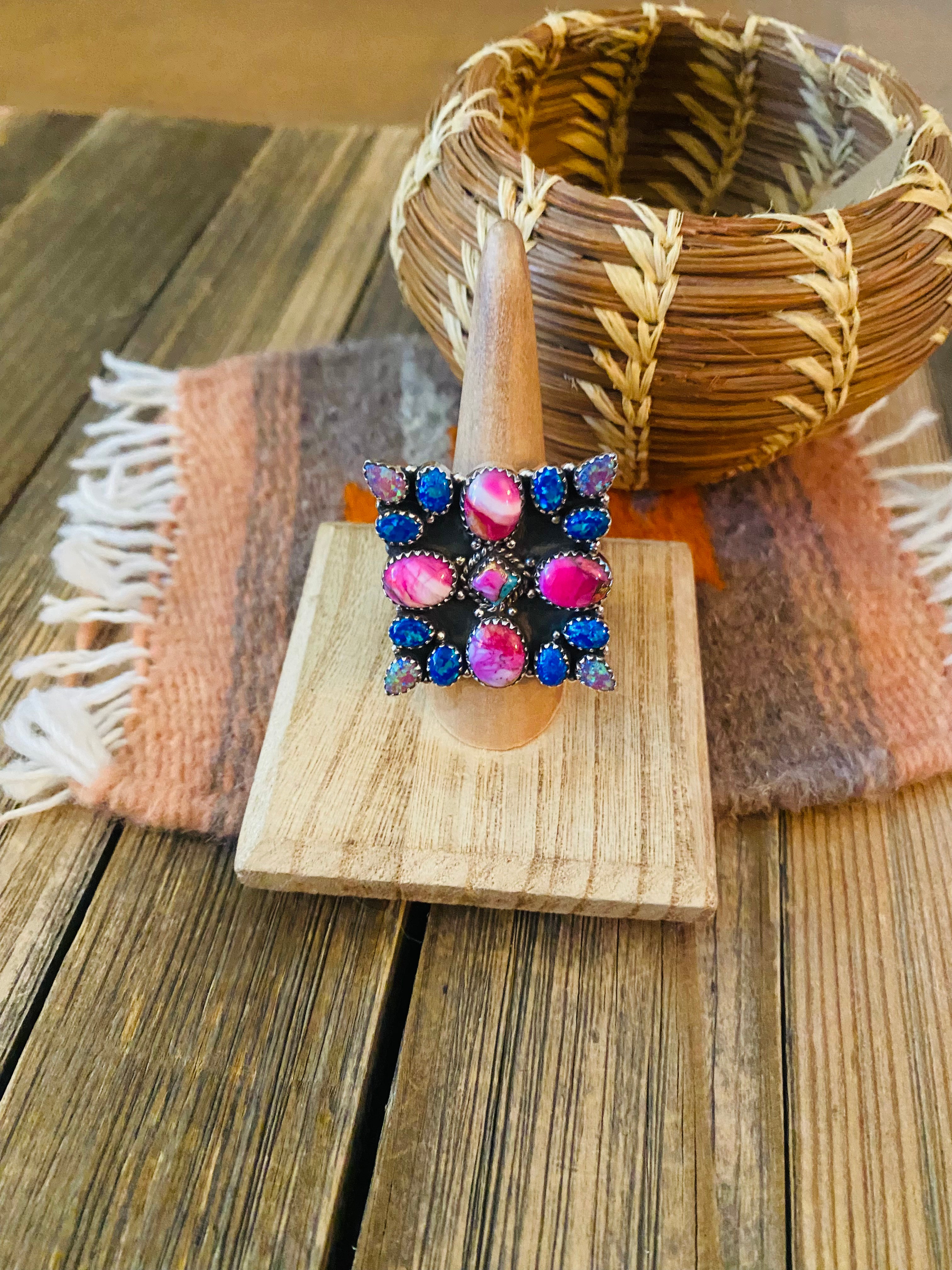 Handmade Sterling Silver, Pink Dream & Opal Cluster Adjustable Ring