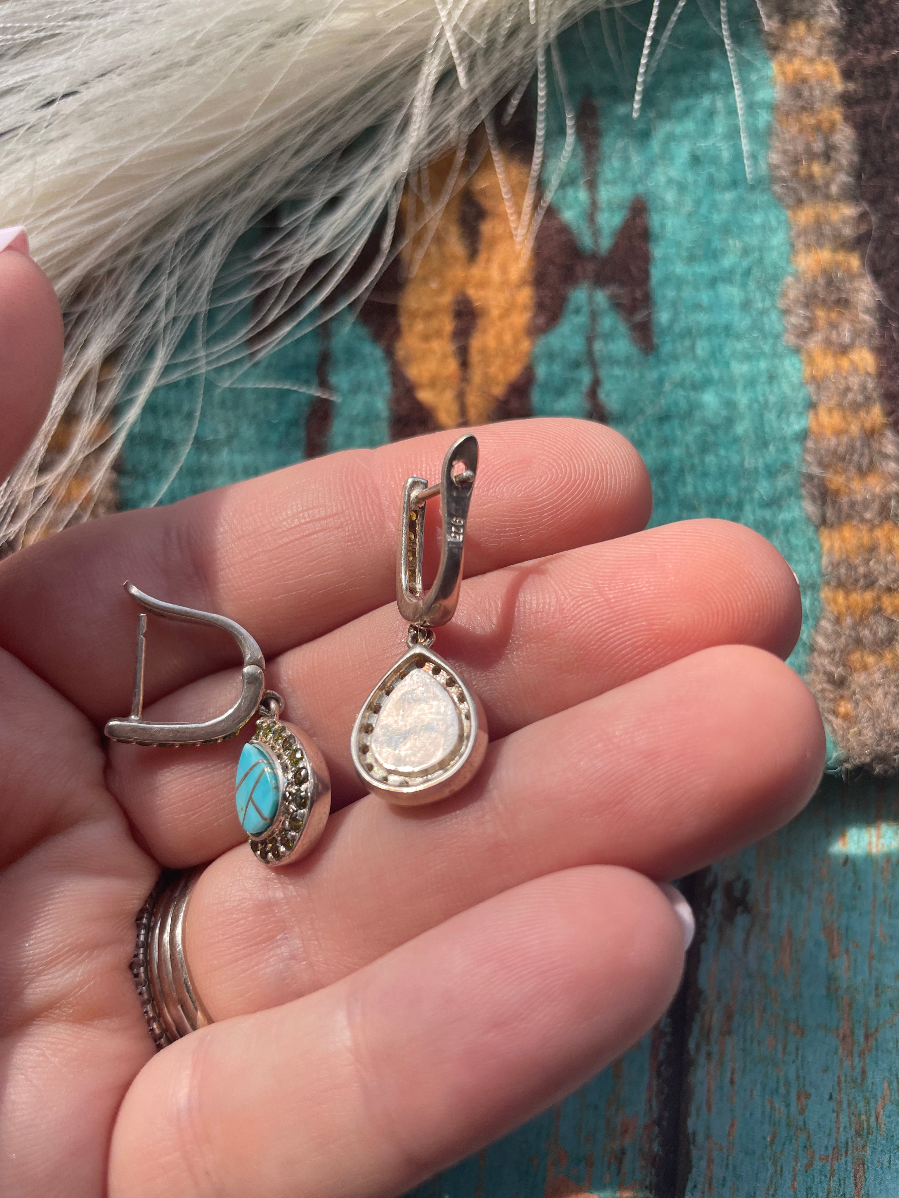 Navajo Turquoise Inlay, Peridot & Sterling Silver Dangle Earrings