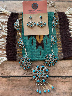 Zuni Sterling Silver & Turquoise Petit Point Necklace & Earring