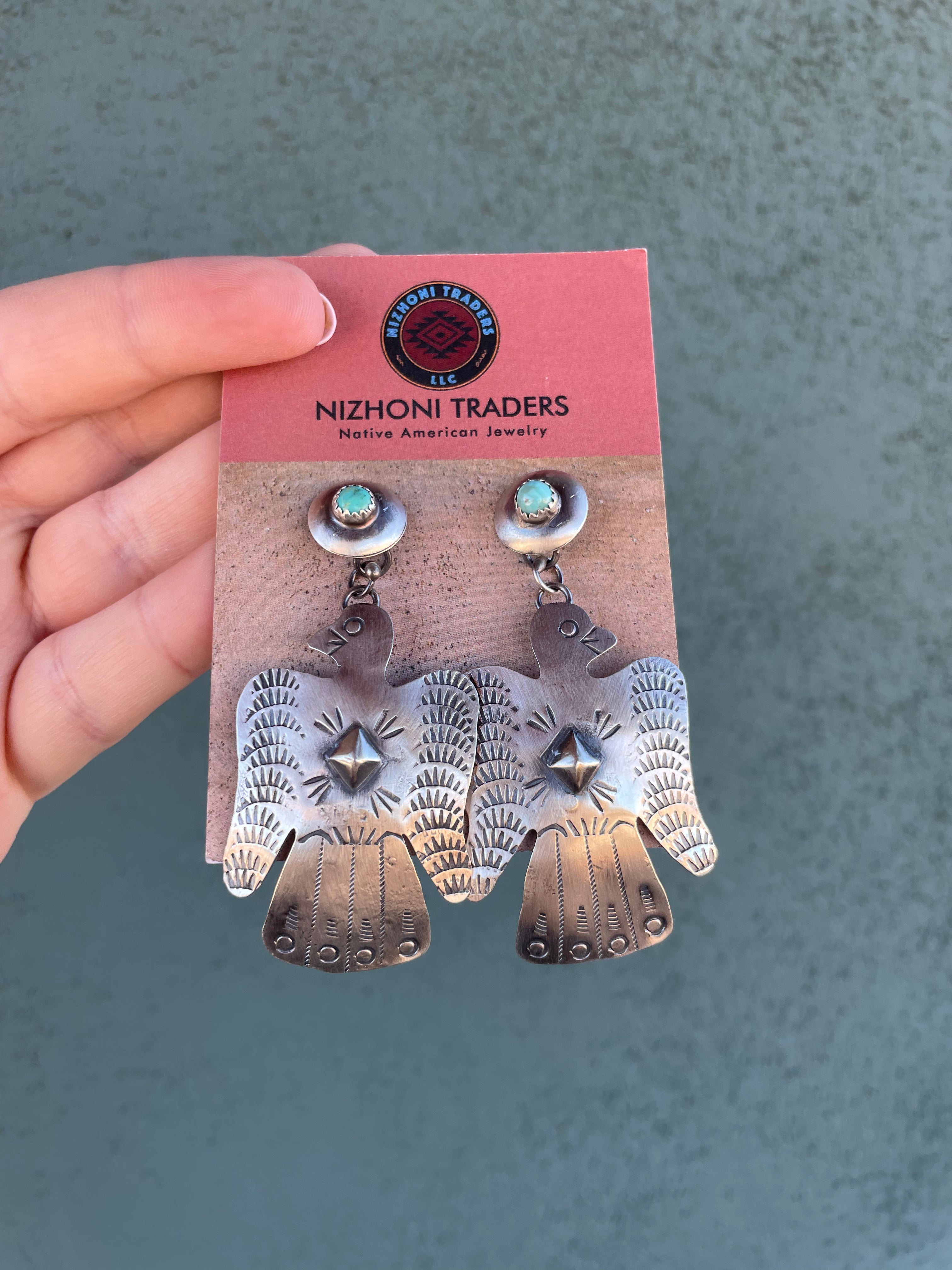 Navajo Turquoise & Sterling Silver Thunderbird Dangle Earrings By Tim Yazzie