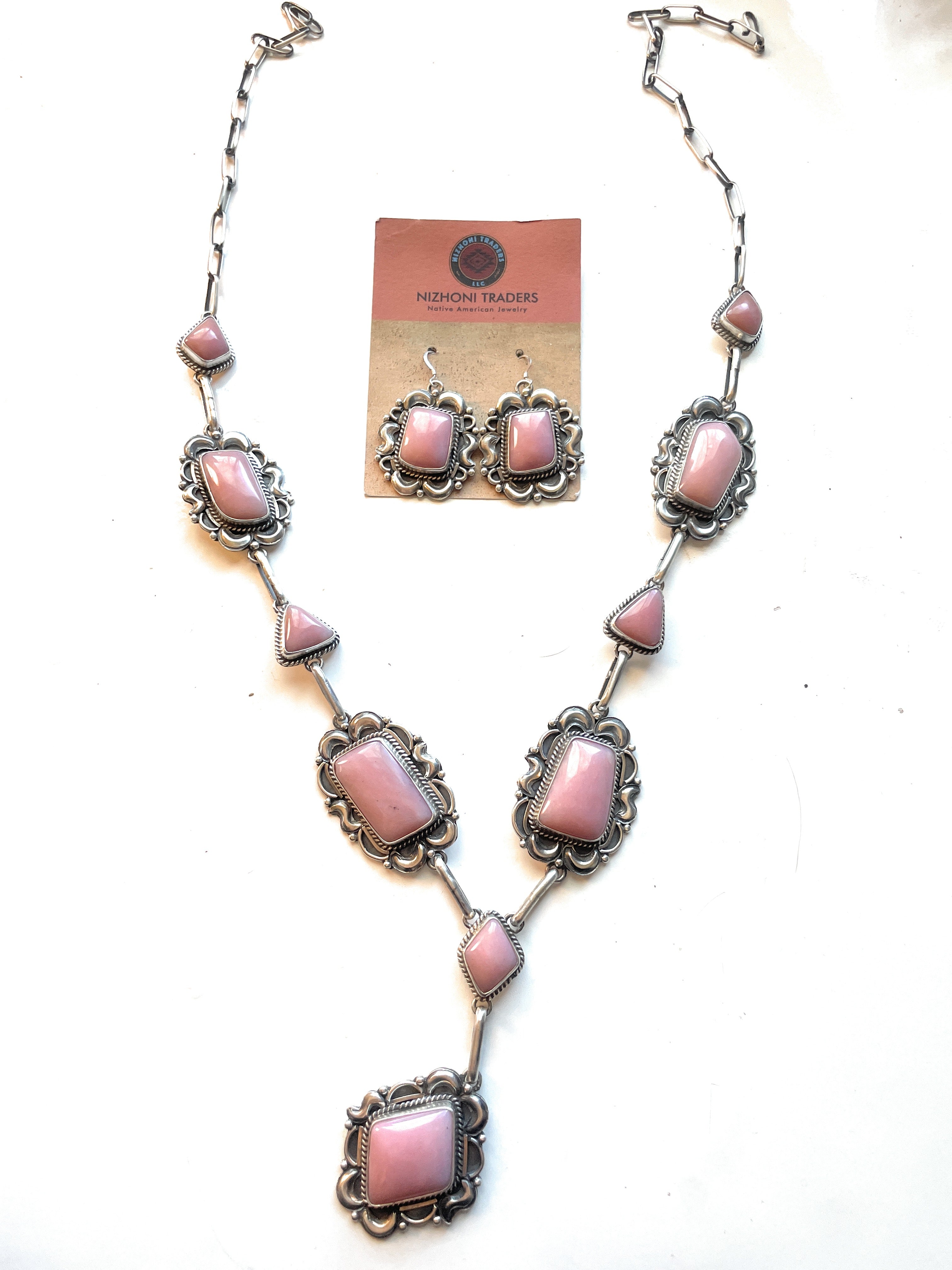 Navajo Pink Conch And Sterling Silver Necklace Earrings Set Signed Phyllis Smith