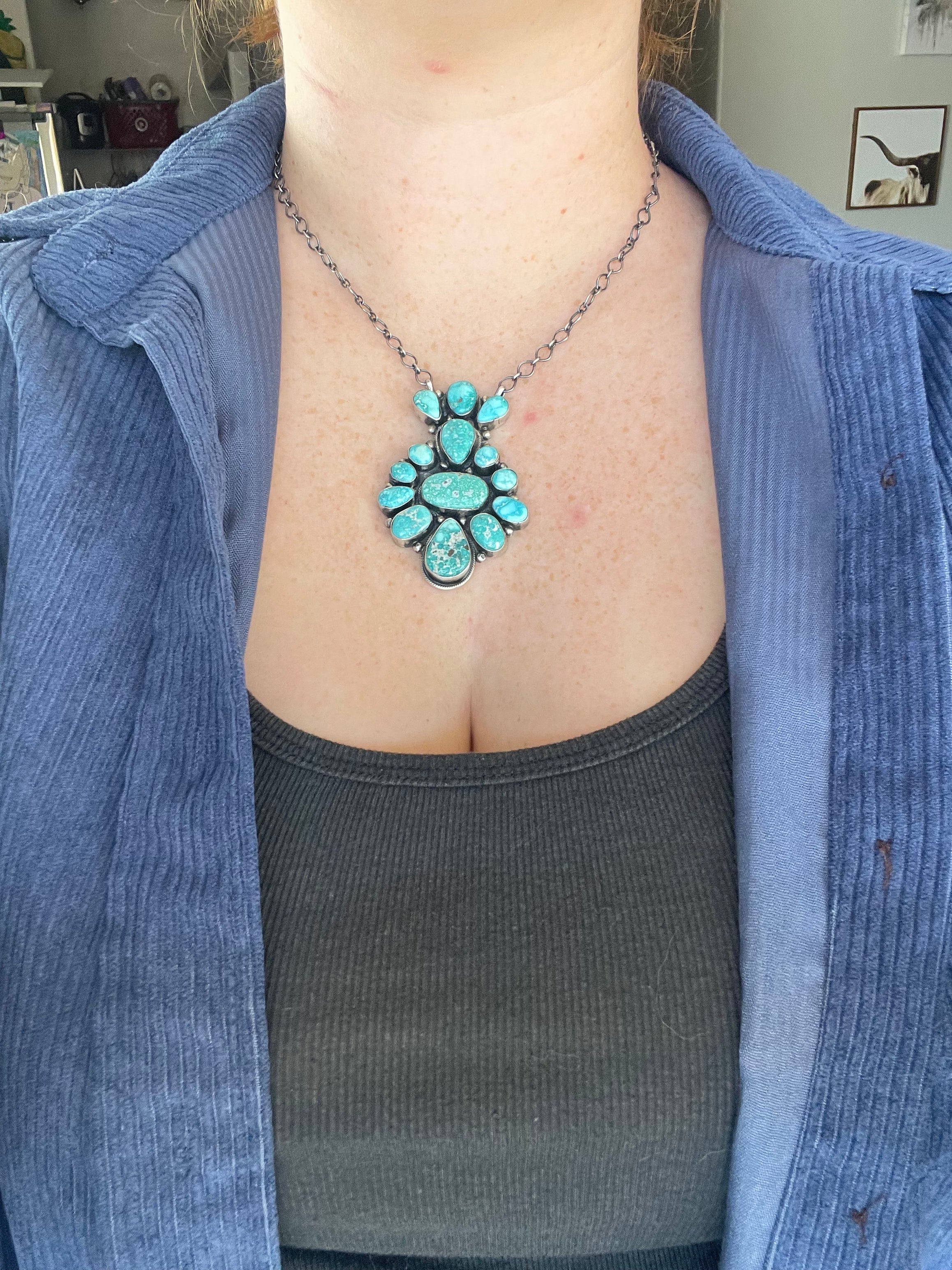 Navajo Cariro Blue & Sterling Silver Cluster Necklace Signed & Stamped