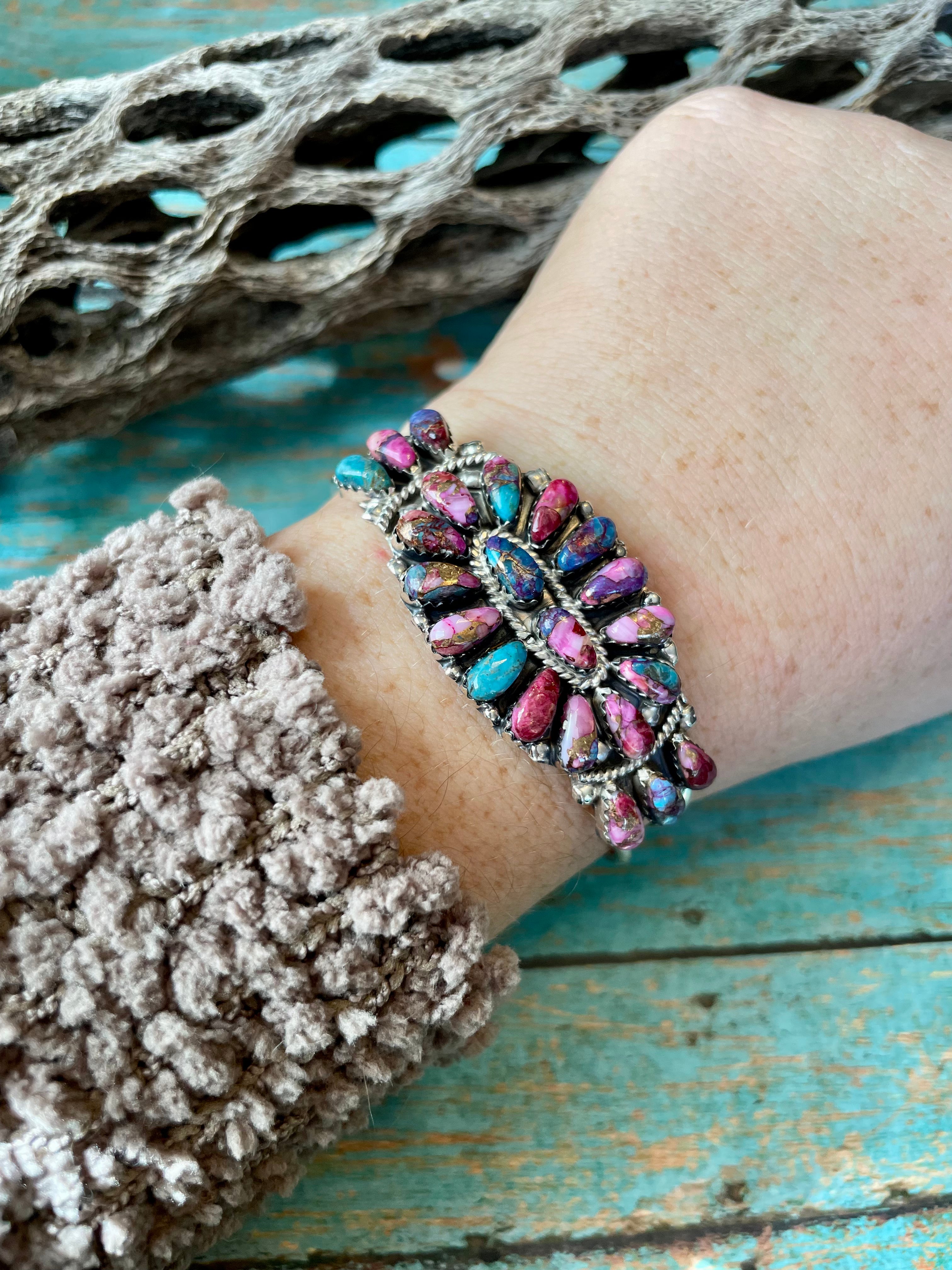 Purple Mojave And Sterling Silver Cluster Adjustable Cuff Bracelet