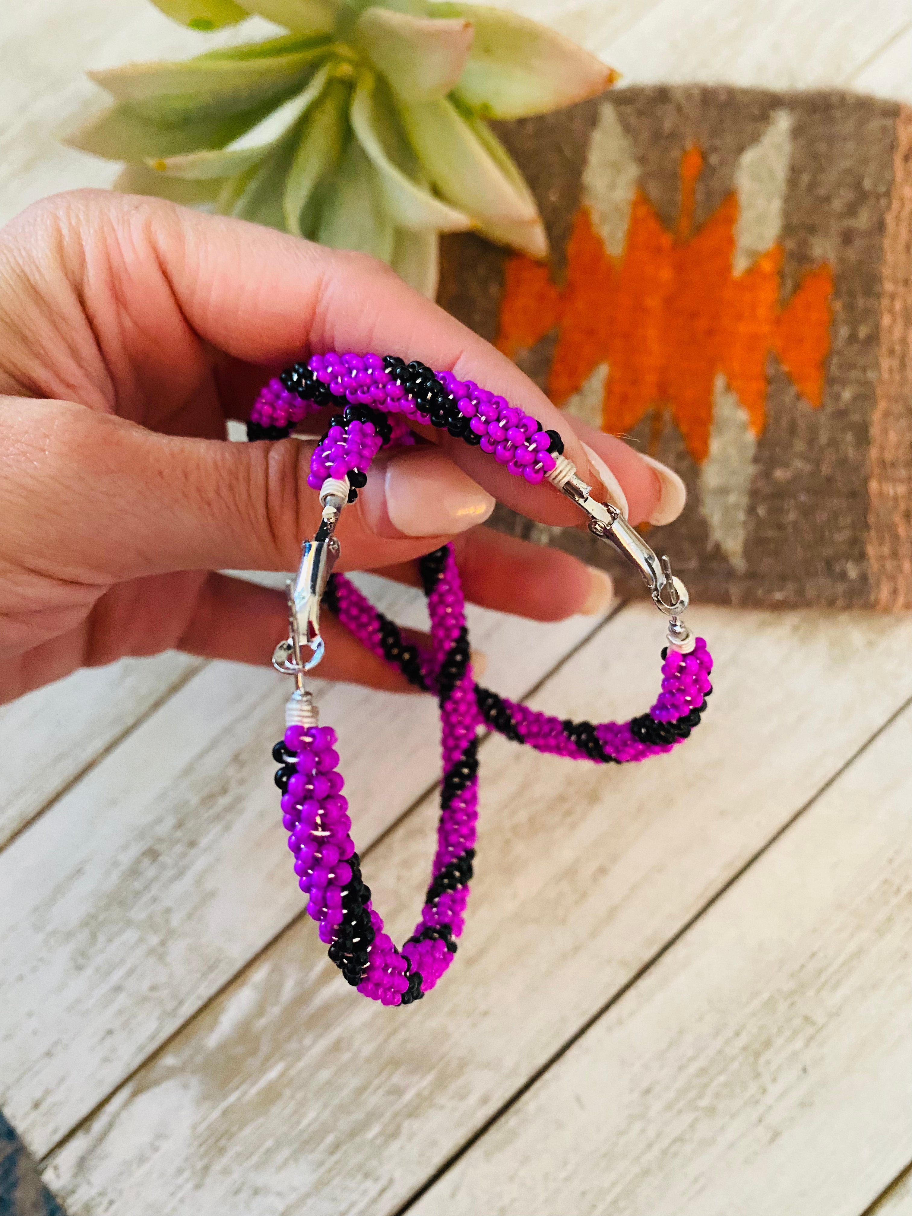 Navajo Handmade Beaded Hoop Earrings- purple