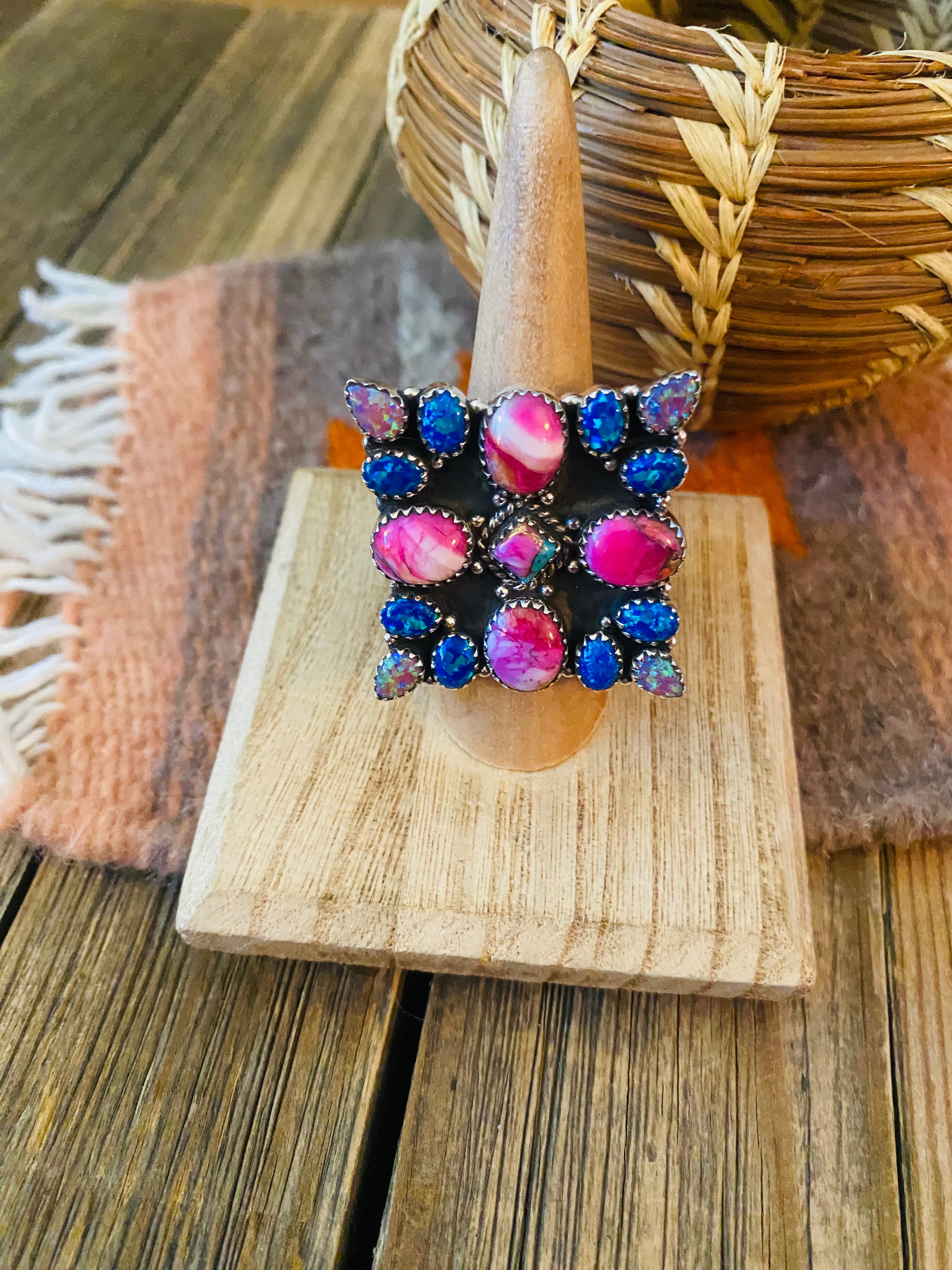 Handmade Sterling Silver, Pink Dream & Opal Cluster Adjustable Ring