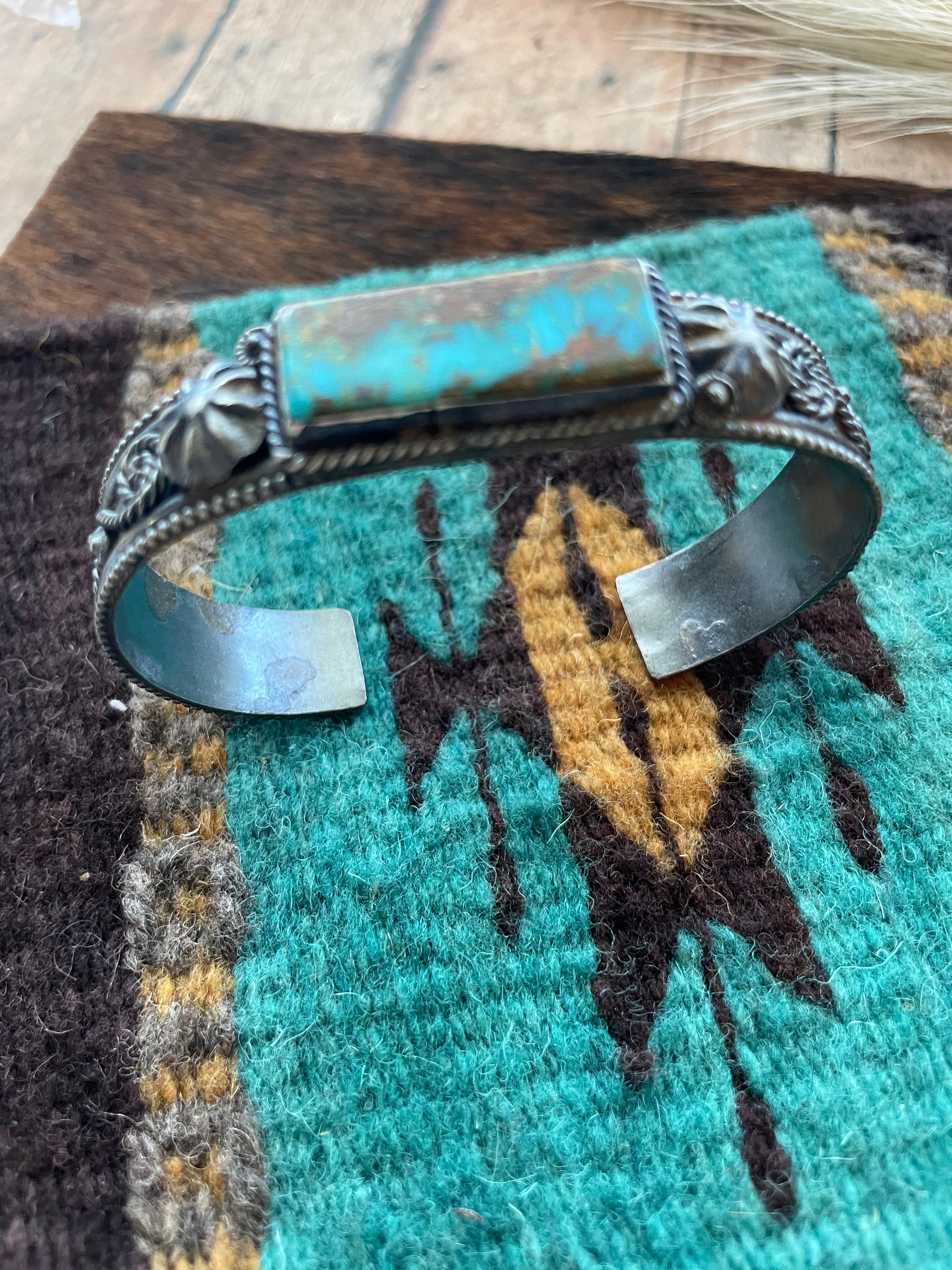 Navajo Turquoise & Sterling Silver Cuff Bracelet Signed Jacquline Silver