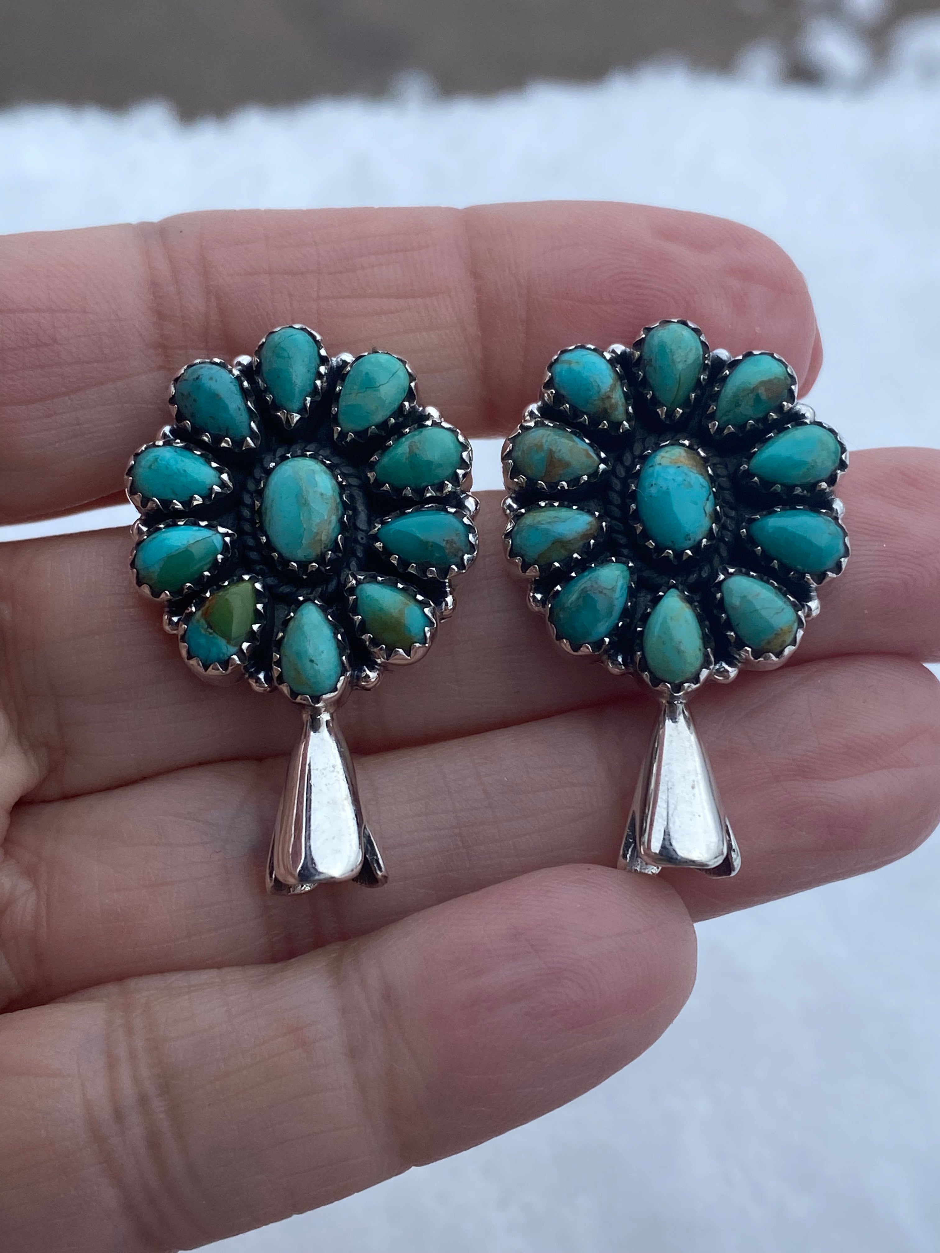 Handmade Sterling Silver & Turquoise Squash Blossom Earrings