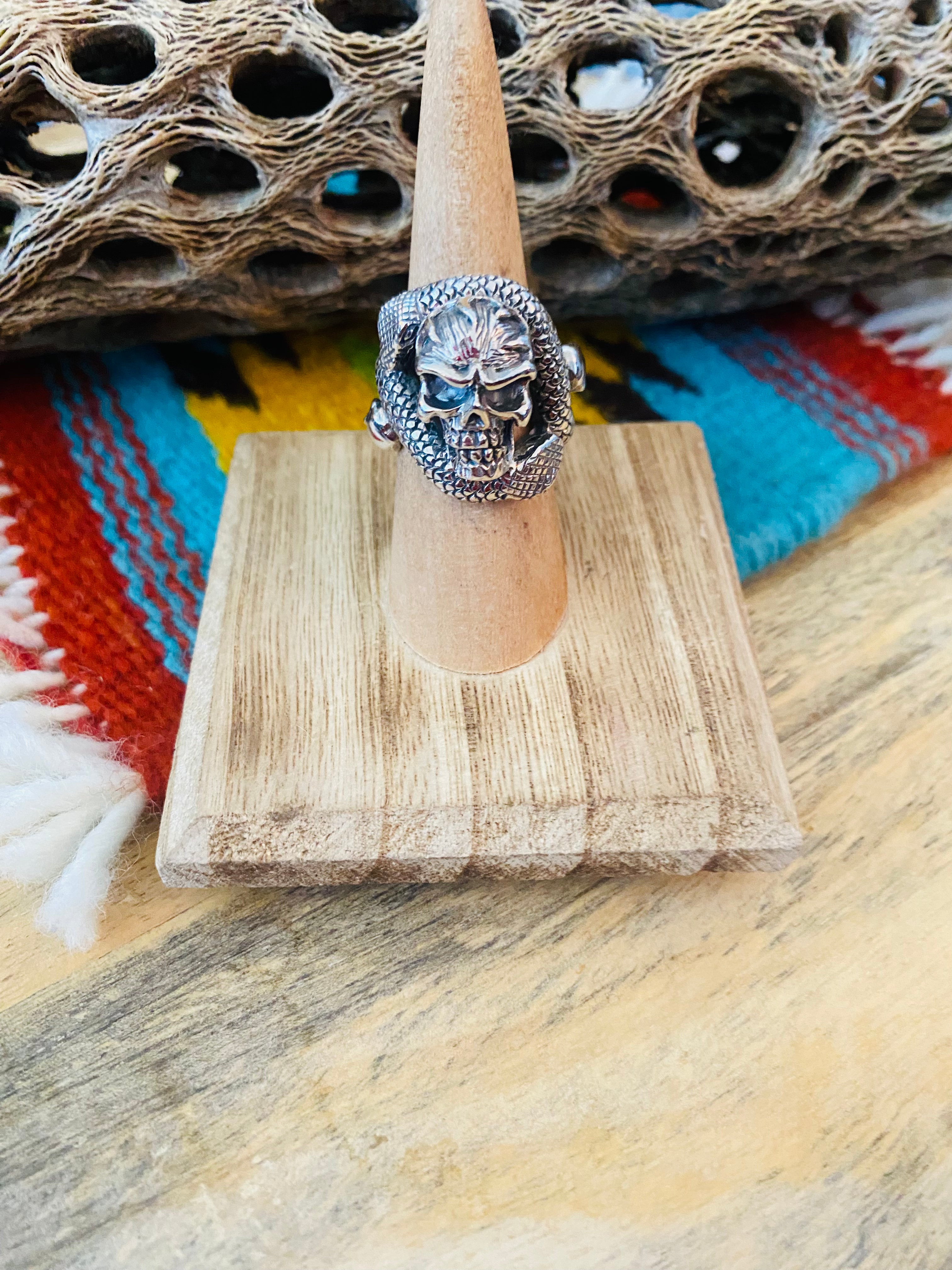 Handmade Sterling Silver Skull Snake Adjustable Ring