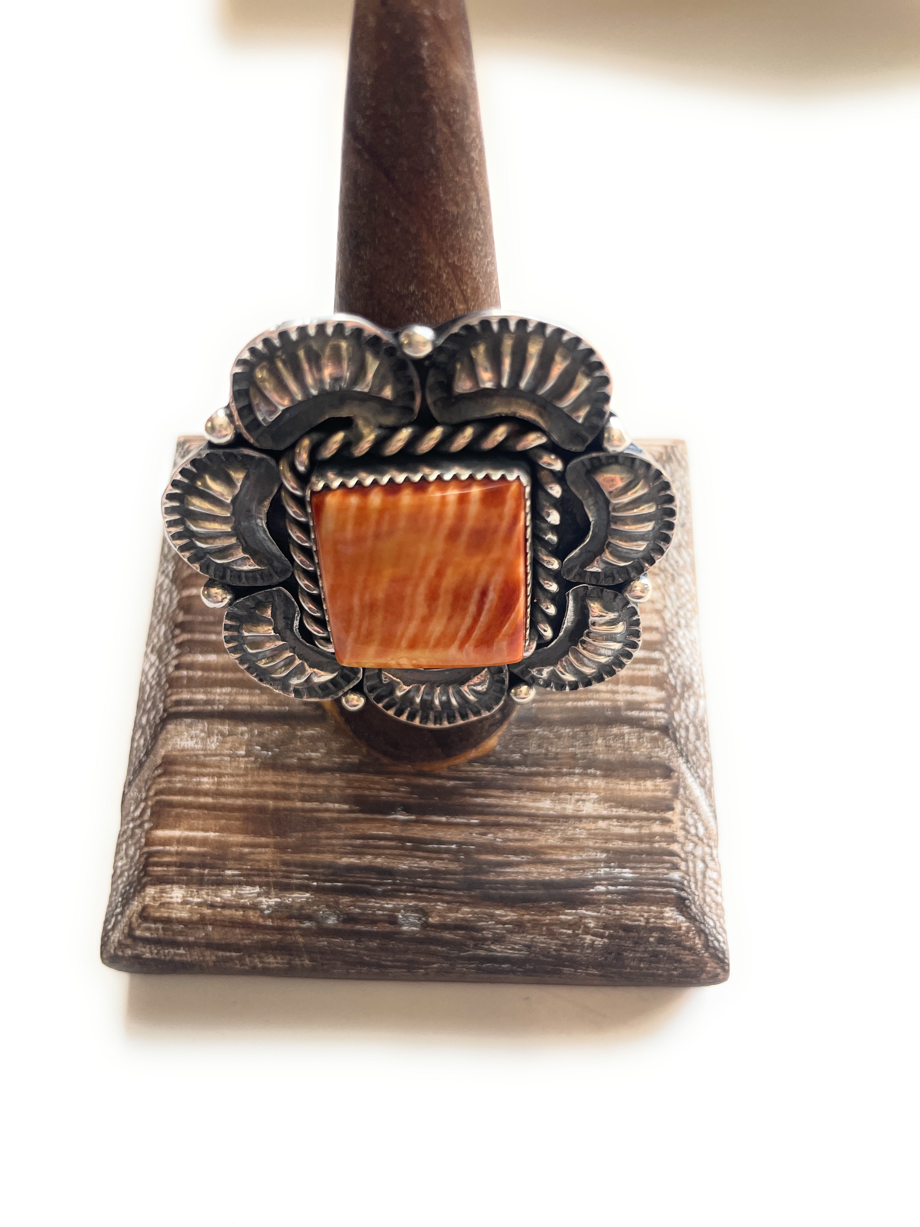 Kevin Billah Navajo Sterling & Orange Spiny Flower Ring Adjustable