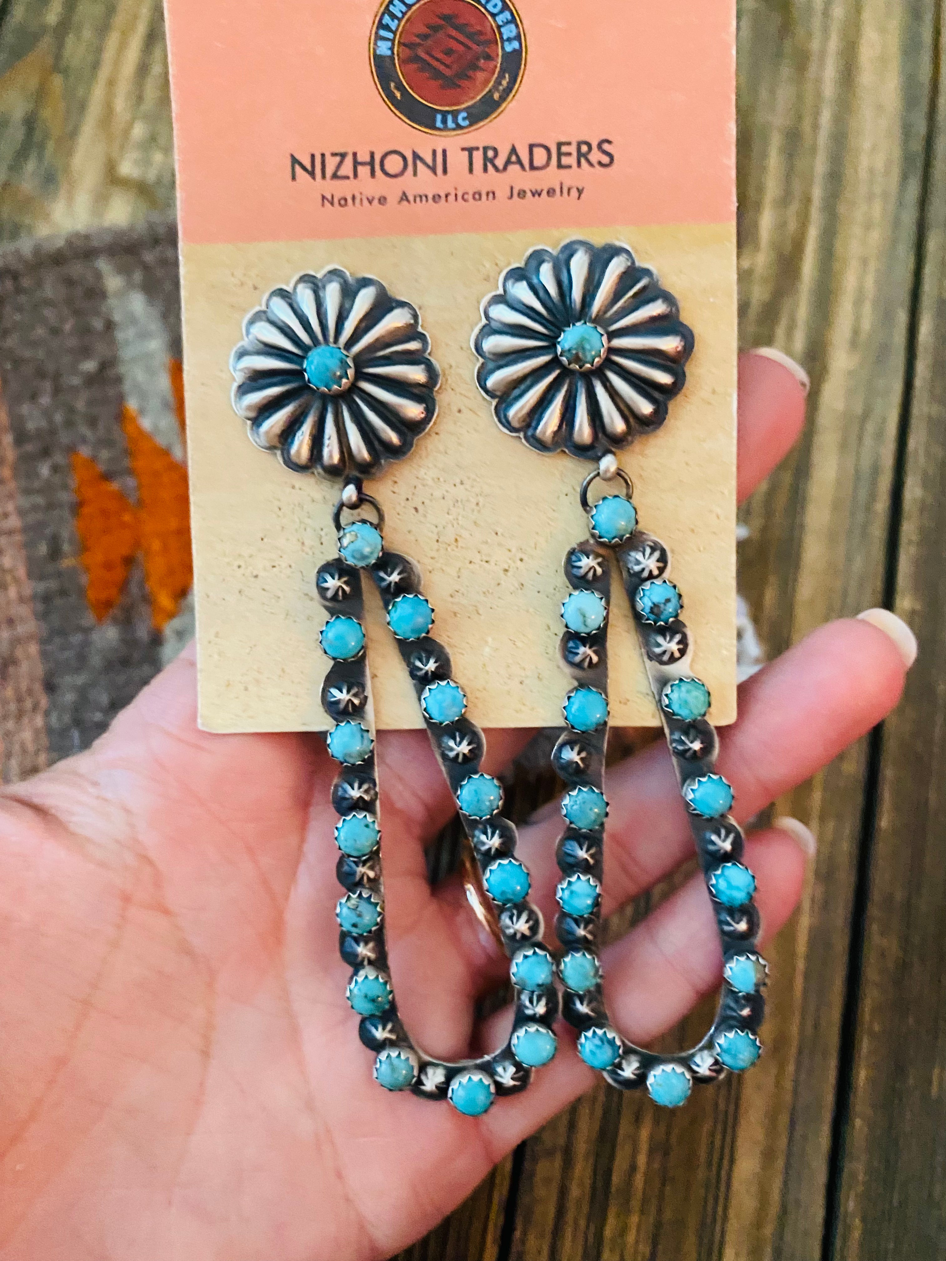 Navajo Sterling Silver & Turquoise Concho Dangle Earrings By Eugene Charley