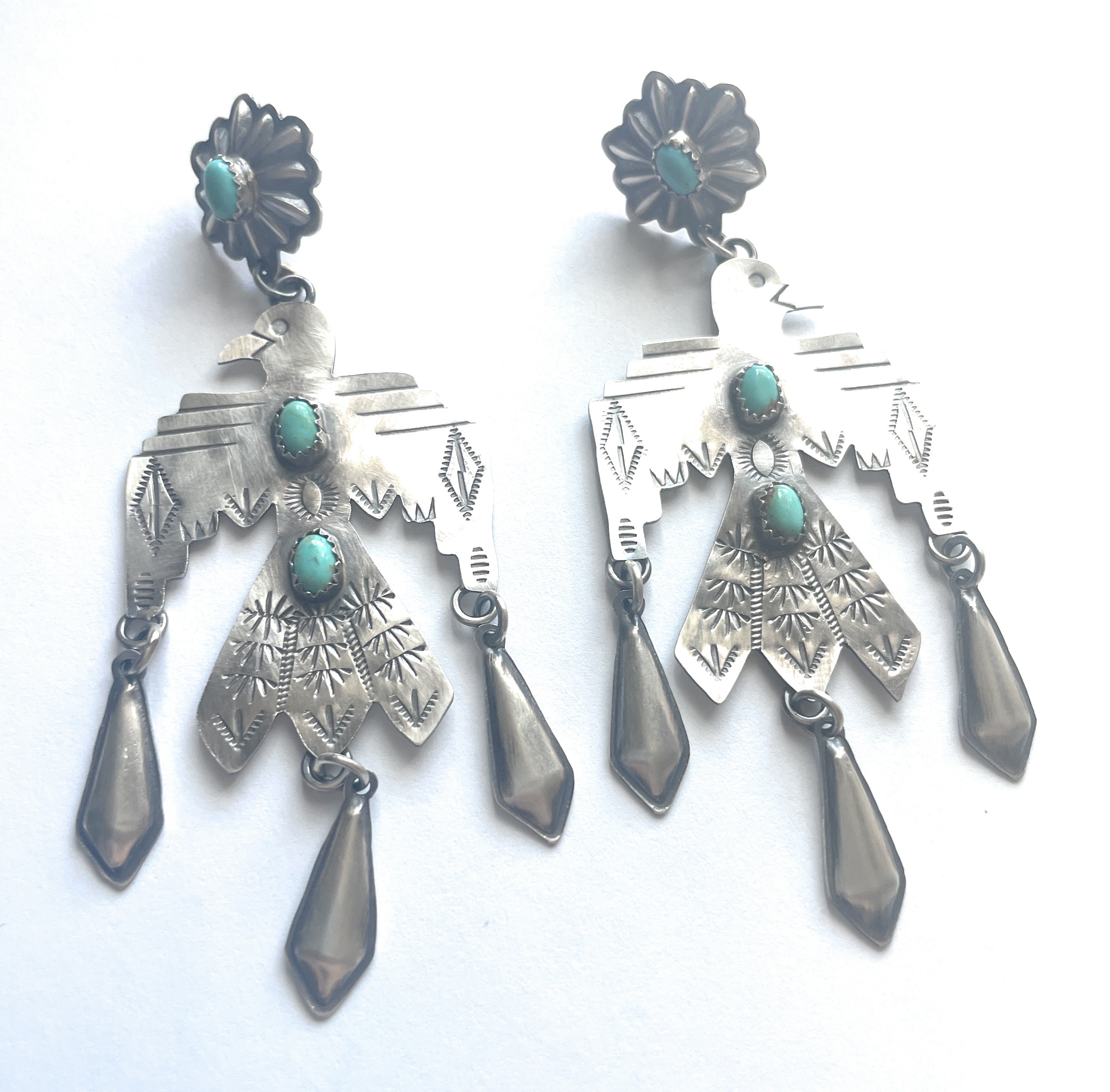 Navajo Sterling Silver & Turquoise Thunderbird Dangle Earrings