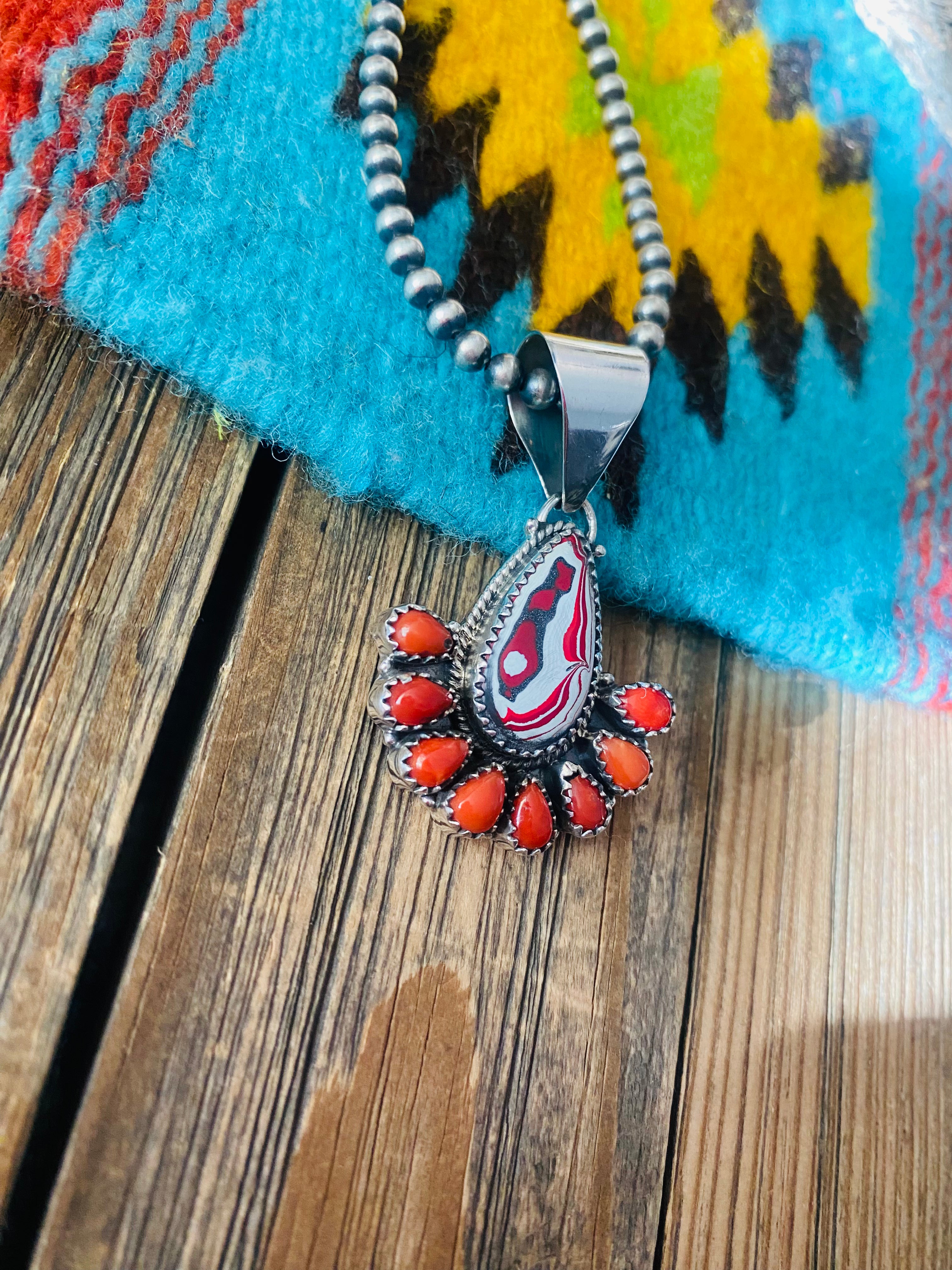 Handmade Sterling Silver, Fordite & Coral Cluster Pendant