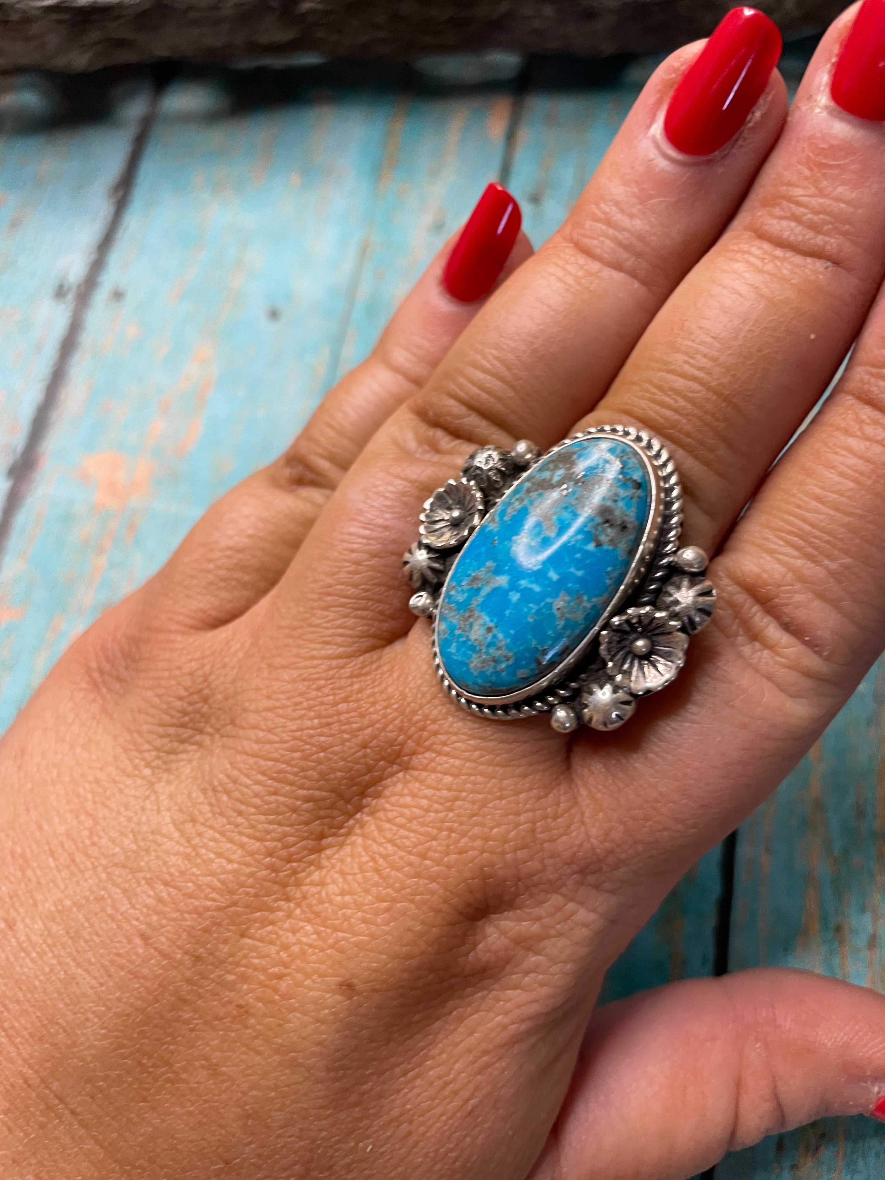 Old Pawn Navajo Sterling Silver & Turquoise Ring Size 10