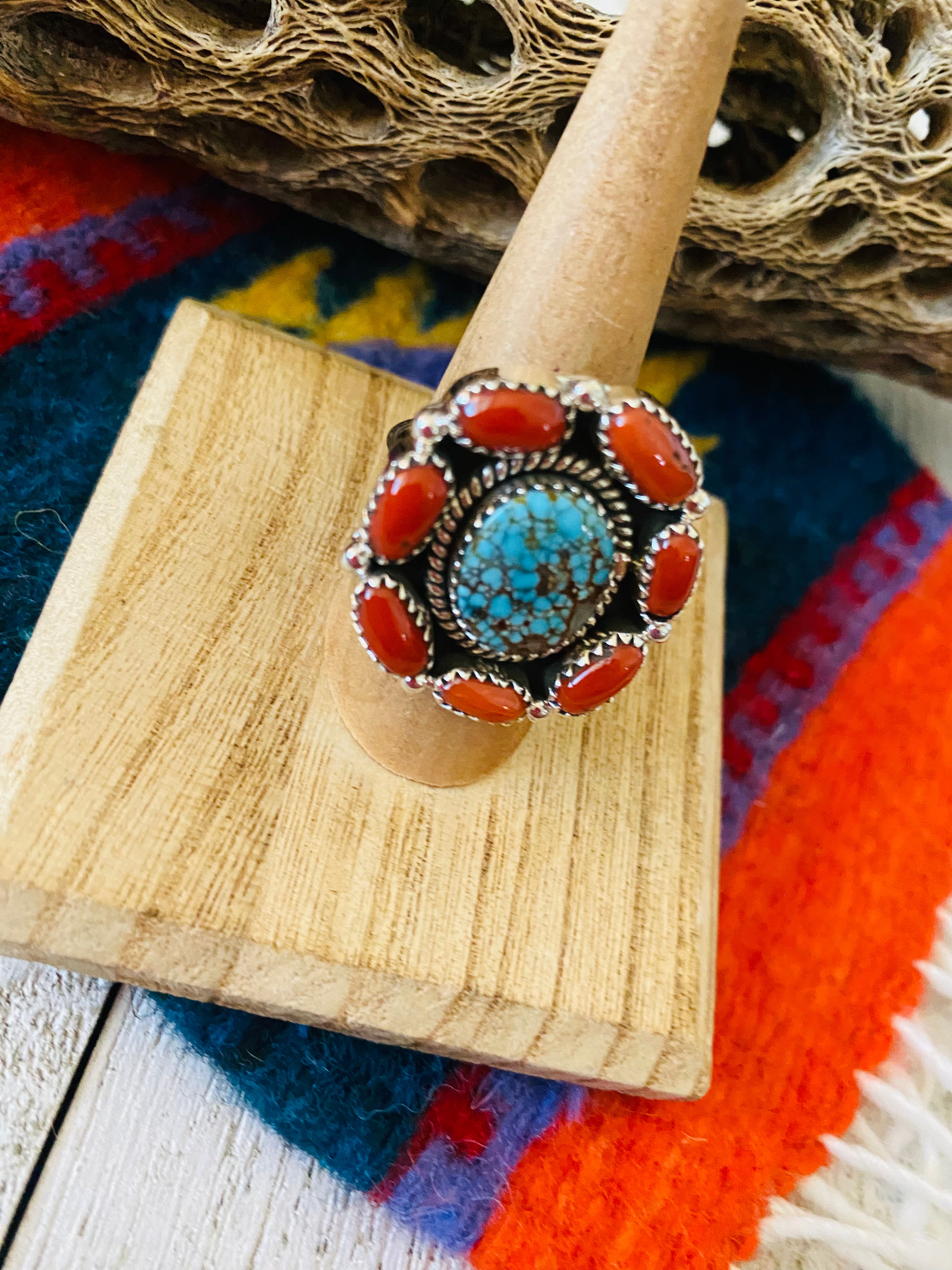 Handmade Sterling Silver, Coral & Number 8 Turquoise Cluster Adjustable Ring