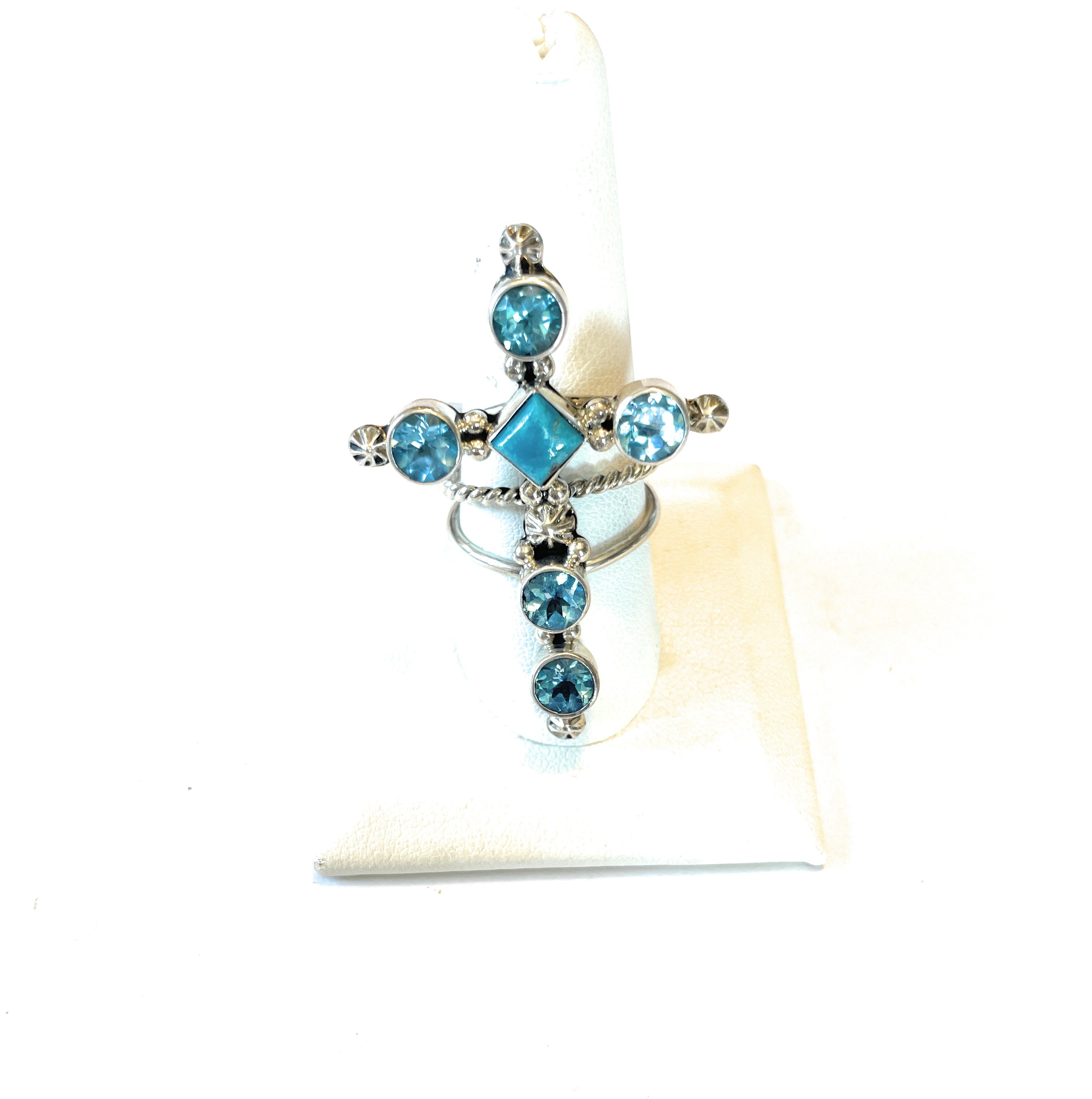 Kingman Turquoise Aquamarine And Sterling Silver Cross Ring Size 10