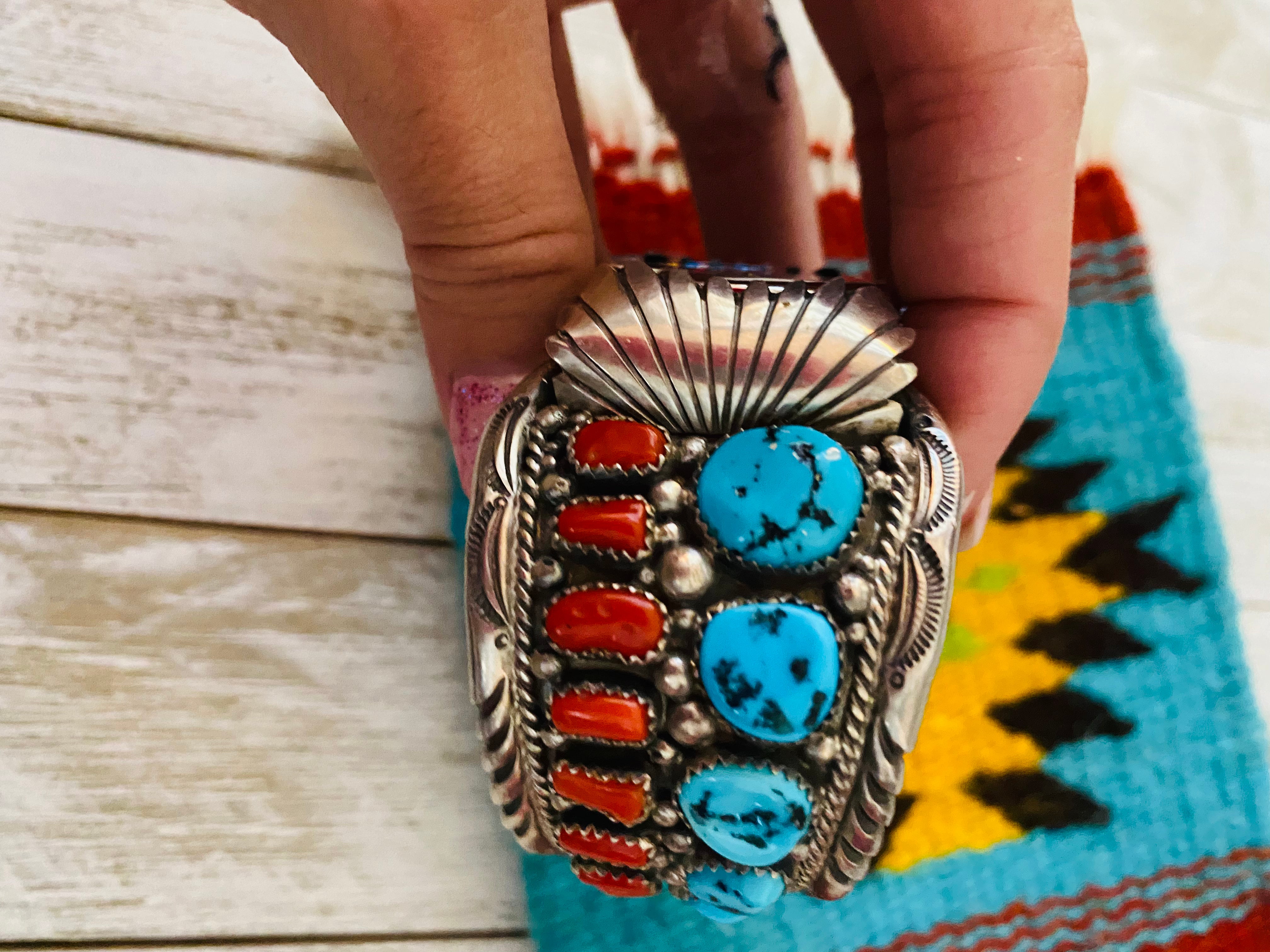 Vintage Native Stering buying Silver Watch Cuff Bracelet Turquoise Coral 47.9g-Not Work